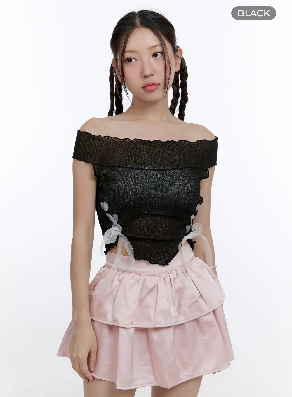 Mesh Ribbon Off-Shoulder Crop Top CG414 - Image 8