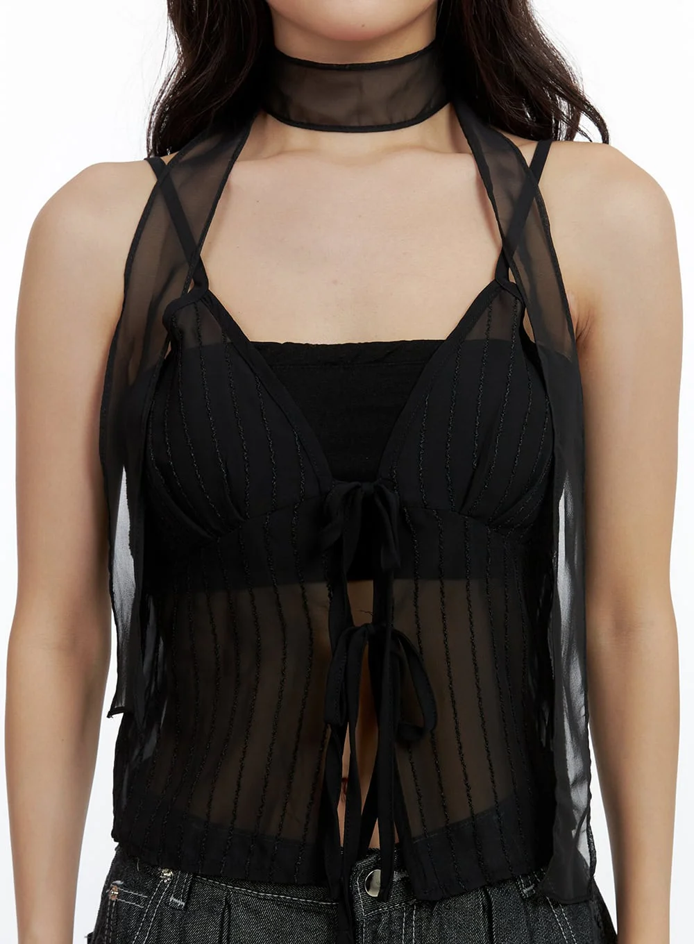 Mesh Slit Strap Tank Top with Scarf Set CL410 - Image 3
