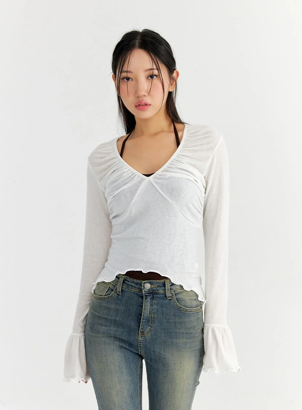 Mesh V-Neck Shirred Crop Top CO327 - Image 4