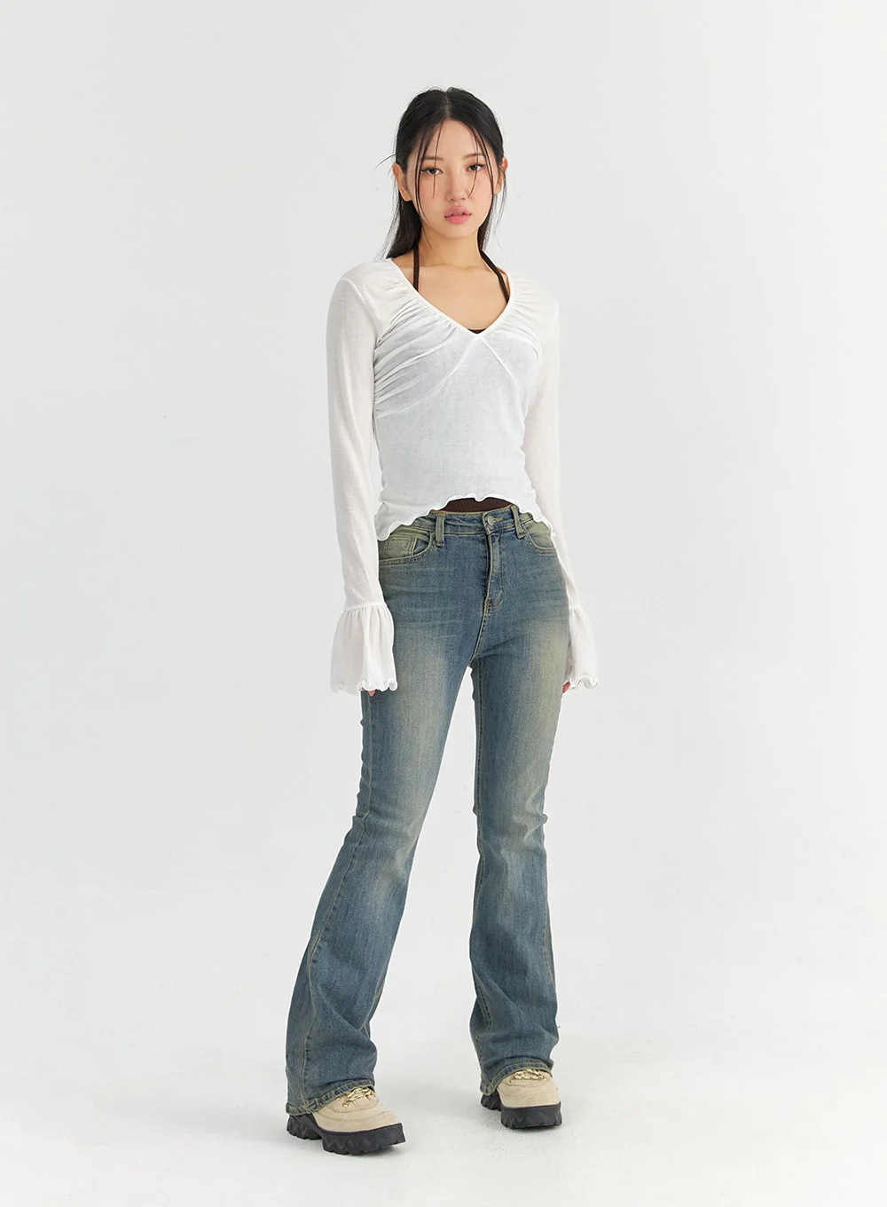 Mesh V-Neck Shirred Crop Top CO327 - Image 7