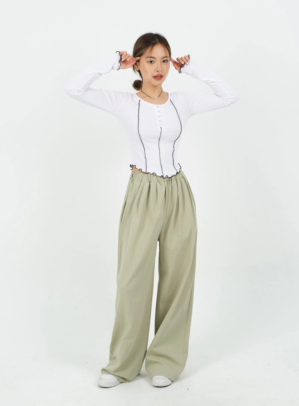 Mid-rise Wide Banded Cotton Pants CA08 - Image 13