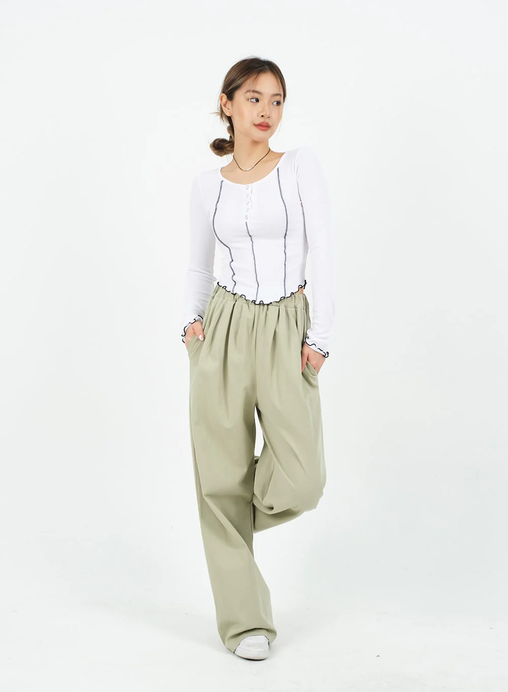 Mid-rise Wide Banded Cotton Pants CA08 - Image 14