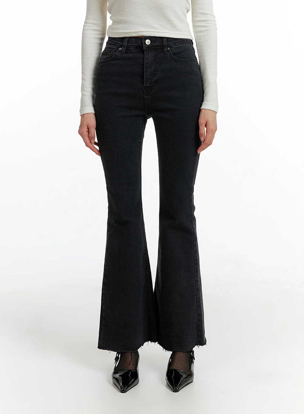 Mid Waist Button Flared Jeans IF402 - Image 2