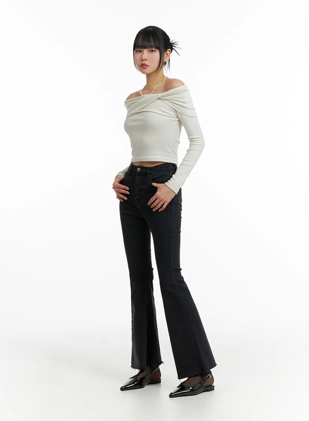 Mid Waist Button Flared Jeans IF402 - Image 3