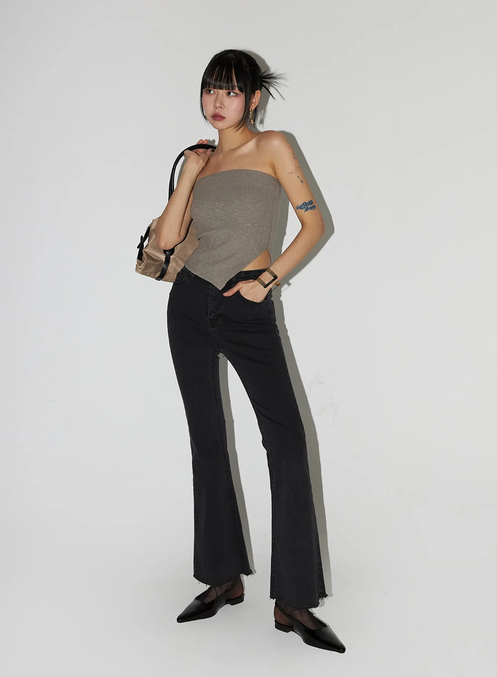 Mid Waist Button Flared Jeans IF402 - Image 8