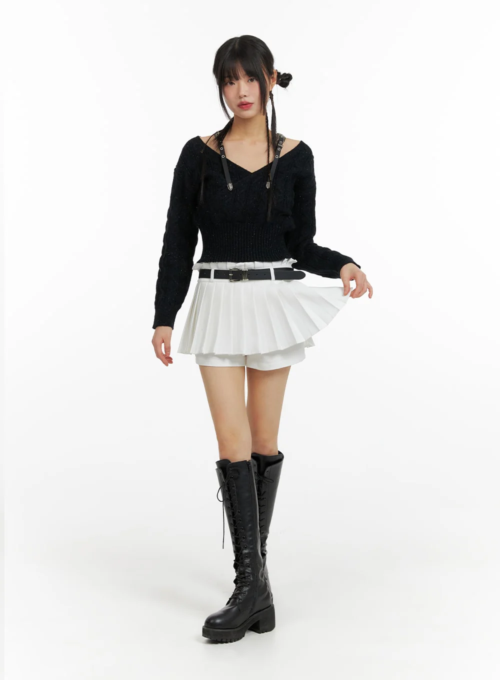 Mid Waist Pleated Mini Skirt with Belt CF420 - Image 2