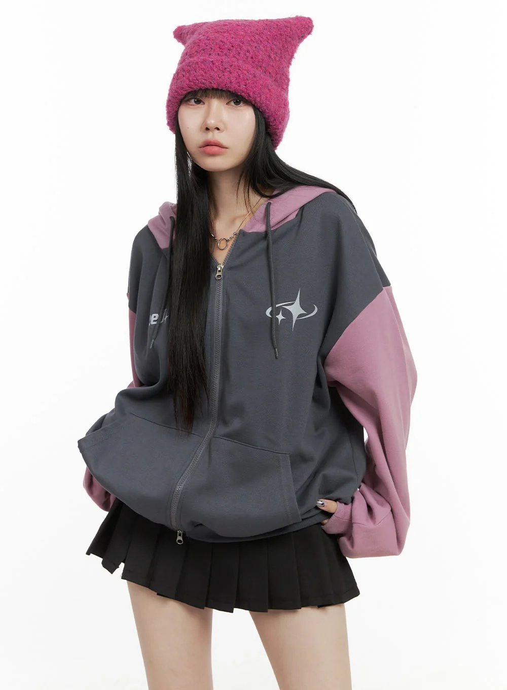 Mixed Color Oversized Zip-Up Hoodie OO401 - Image 2