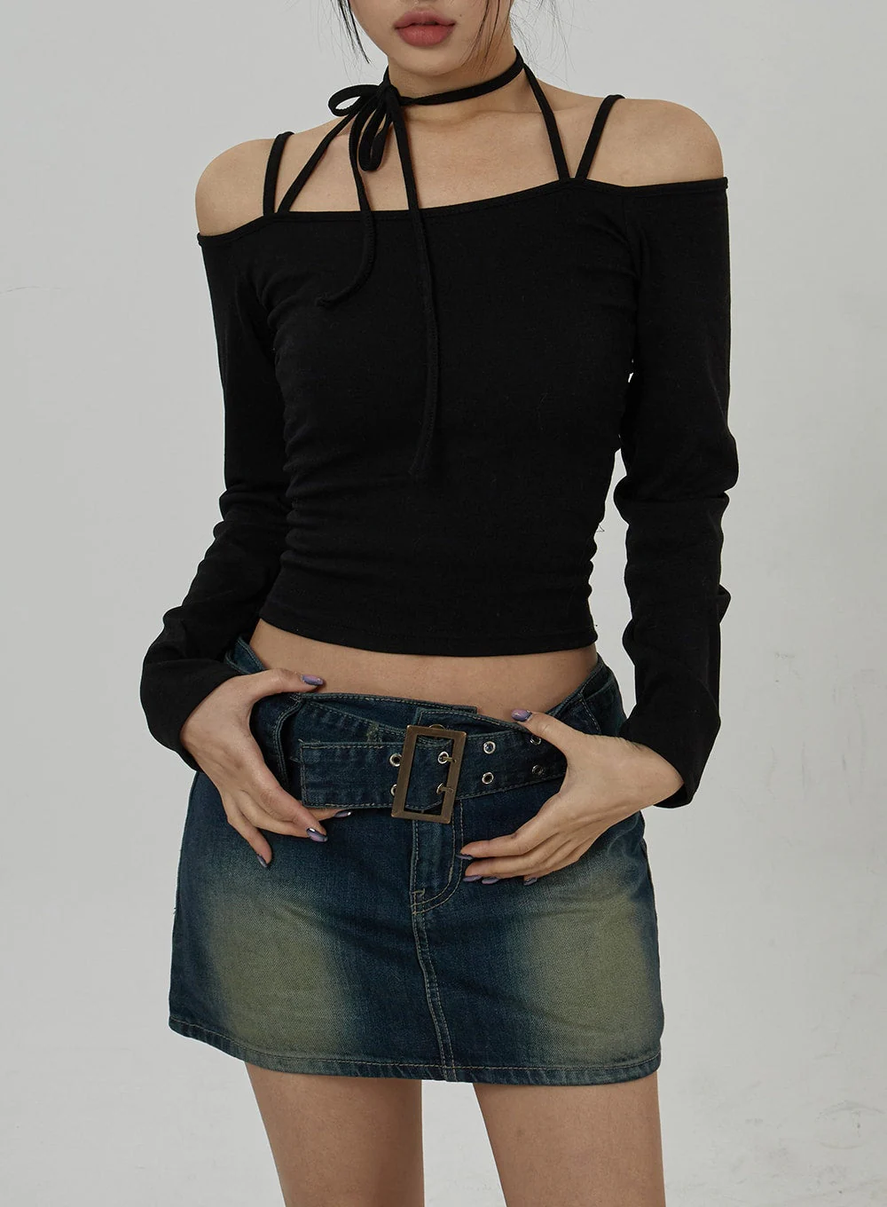 Neck Ribbon Detail Long Sleeve Cropped Top CD21 - Image 2