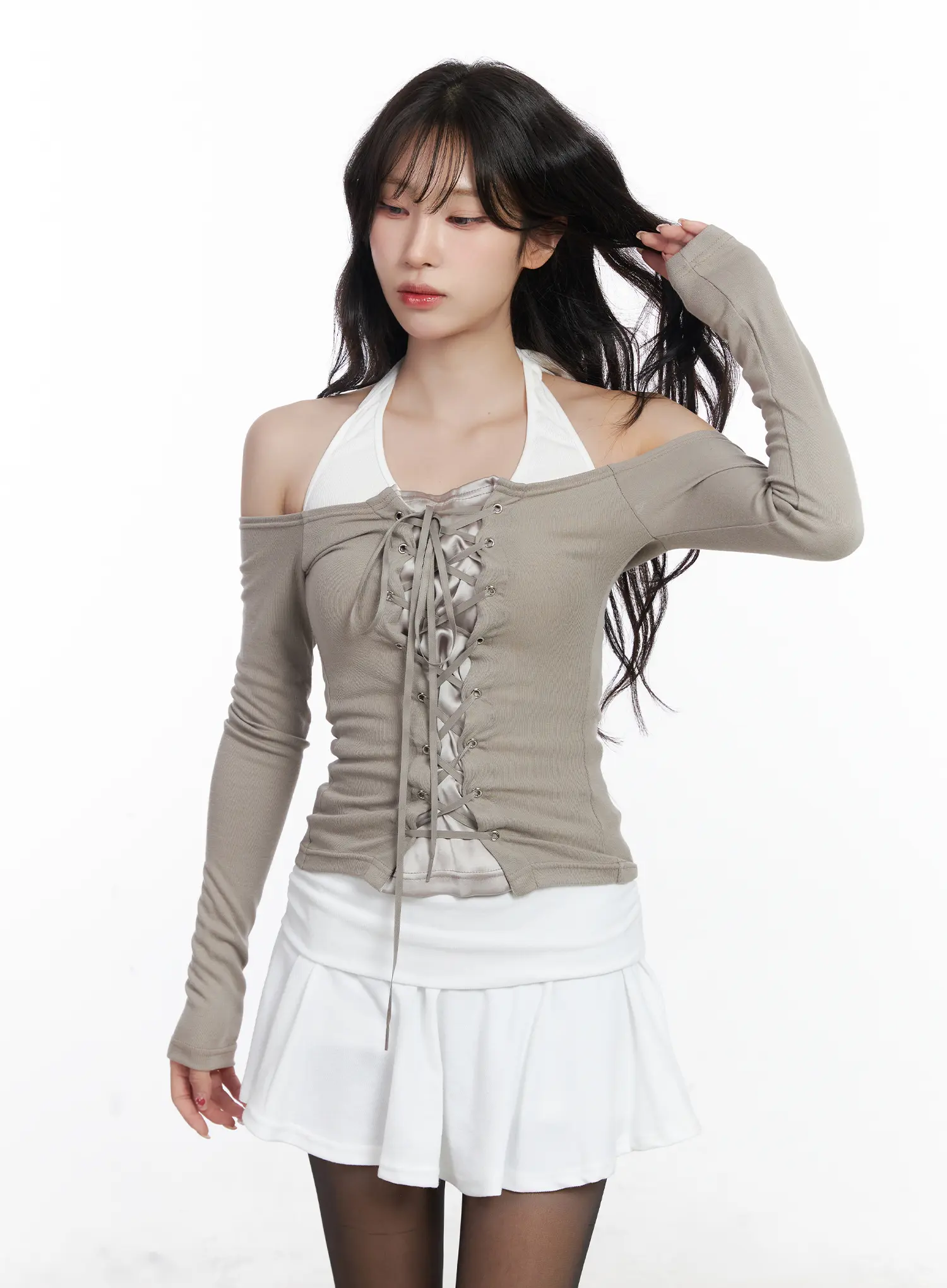 Off-Shoulder Eyelet Lace-Up Top CJ527 - Image 2