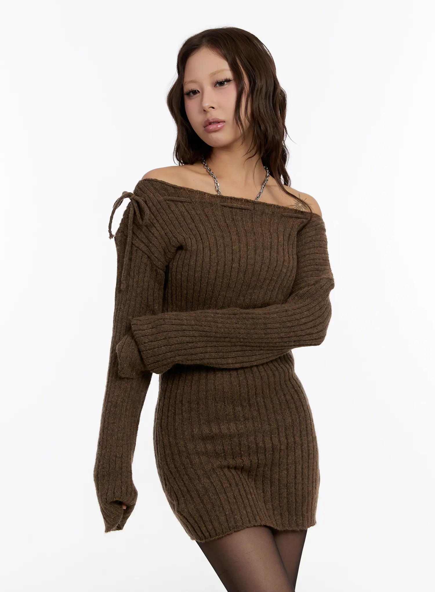 Off Shoulder Ribbon Knit Mini Dress CN527 - Image 3