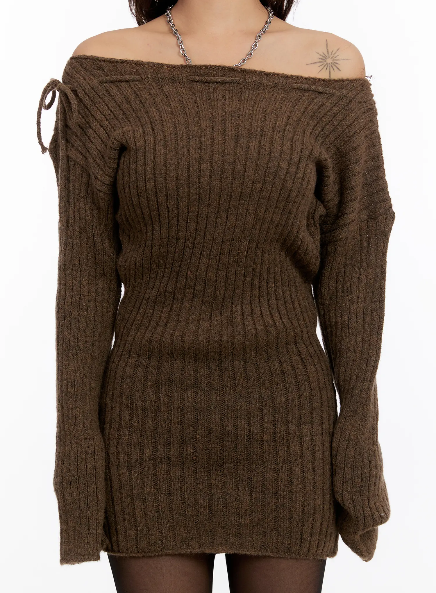 Off Shoulder Ribbon Knit Mini Dress CN527 - Image 4