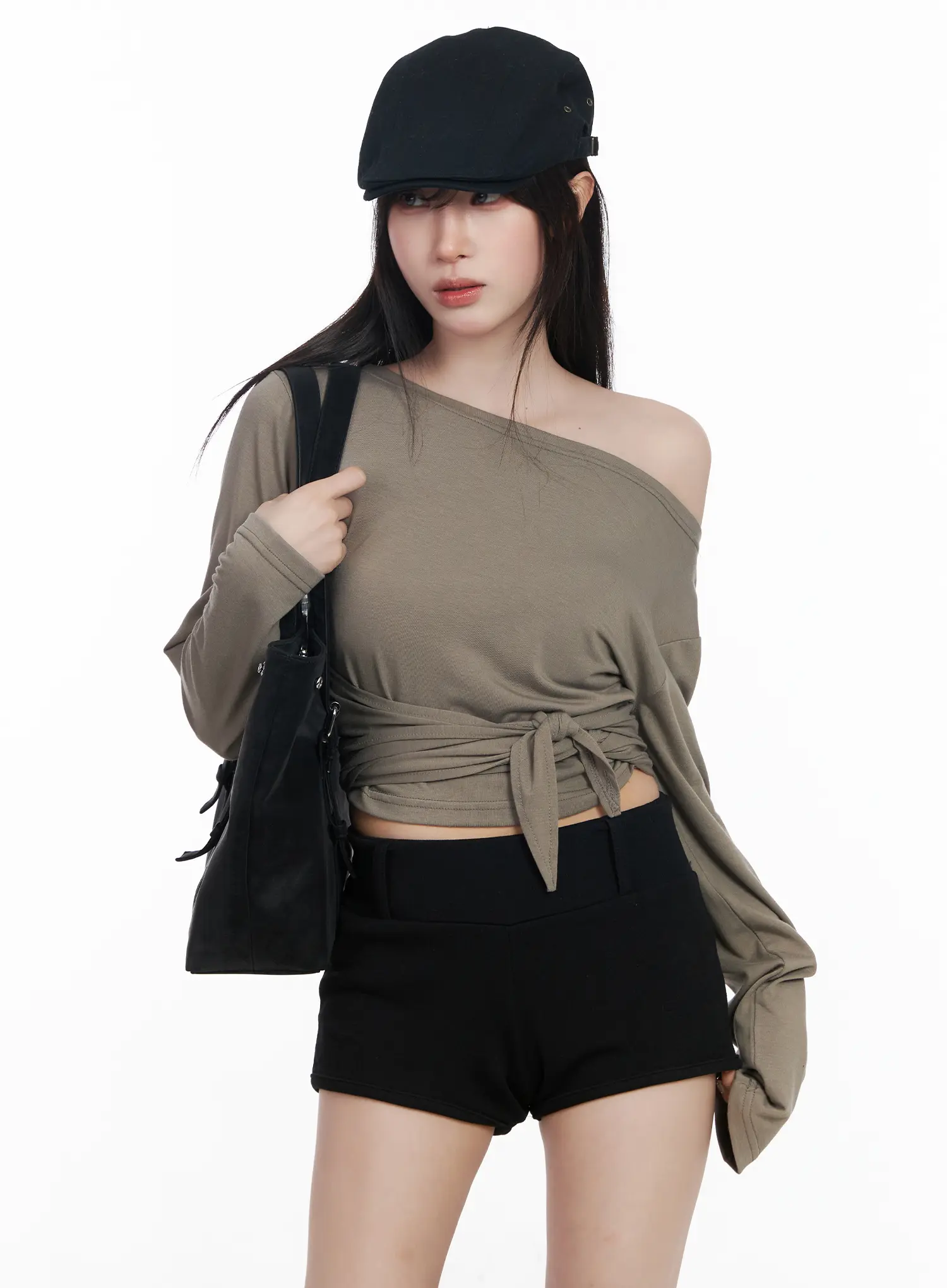 Off-Shoulder Wrap Tie Long Sleeve Top CF523