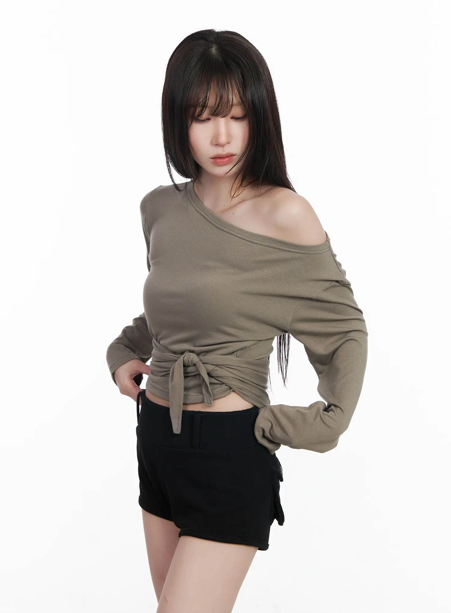 Off-Shoulder Wrap Tie Long Sleeve Top CF523 - Image 6