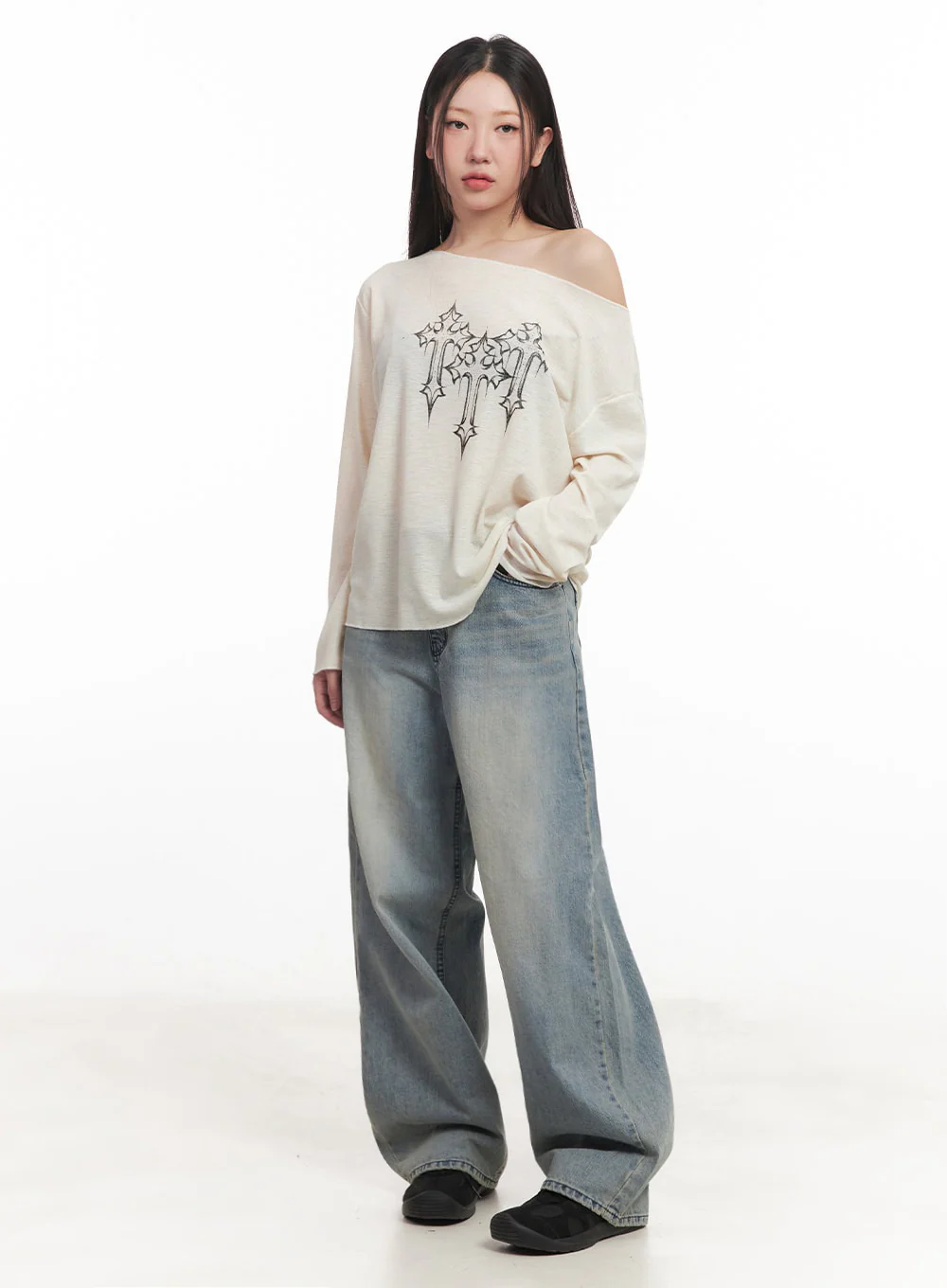 One-Shoulder Sheer Long-Sleeve Graphic Top IM528 - Image 11