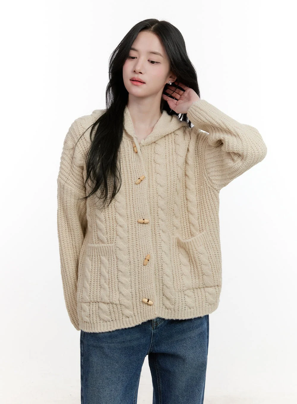 Oversized Cable Knit Hooded Cardigan CF527 - Image 10