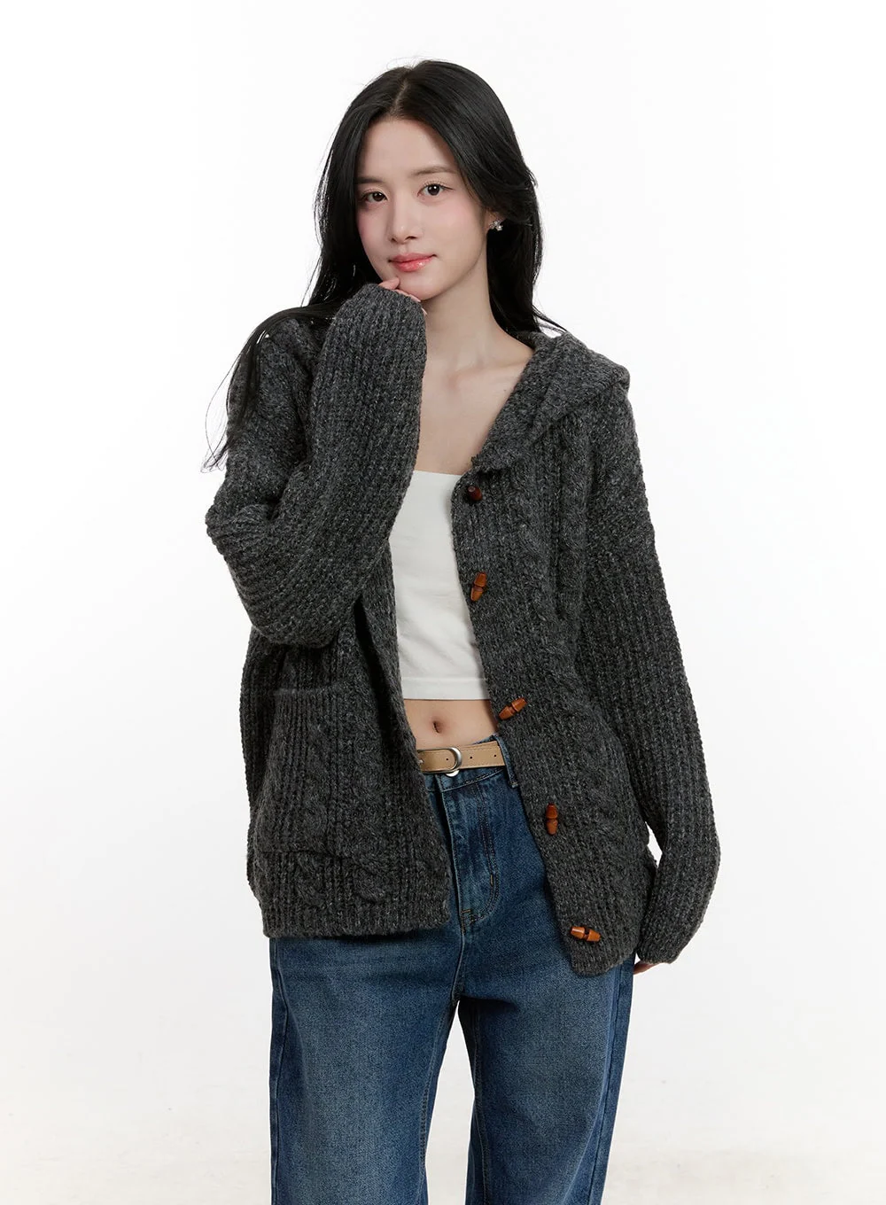 Oversized Cable Knit Hooded Cardigan CF527 - Image 13