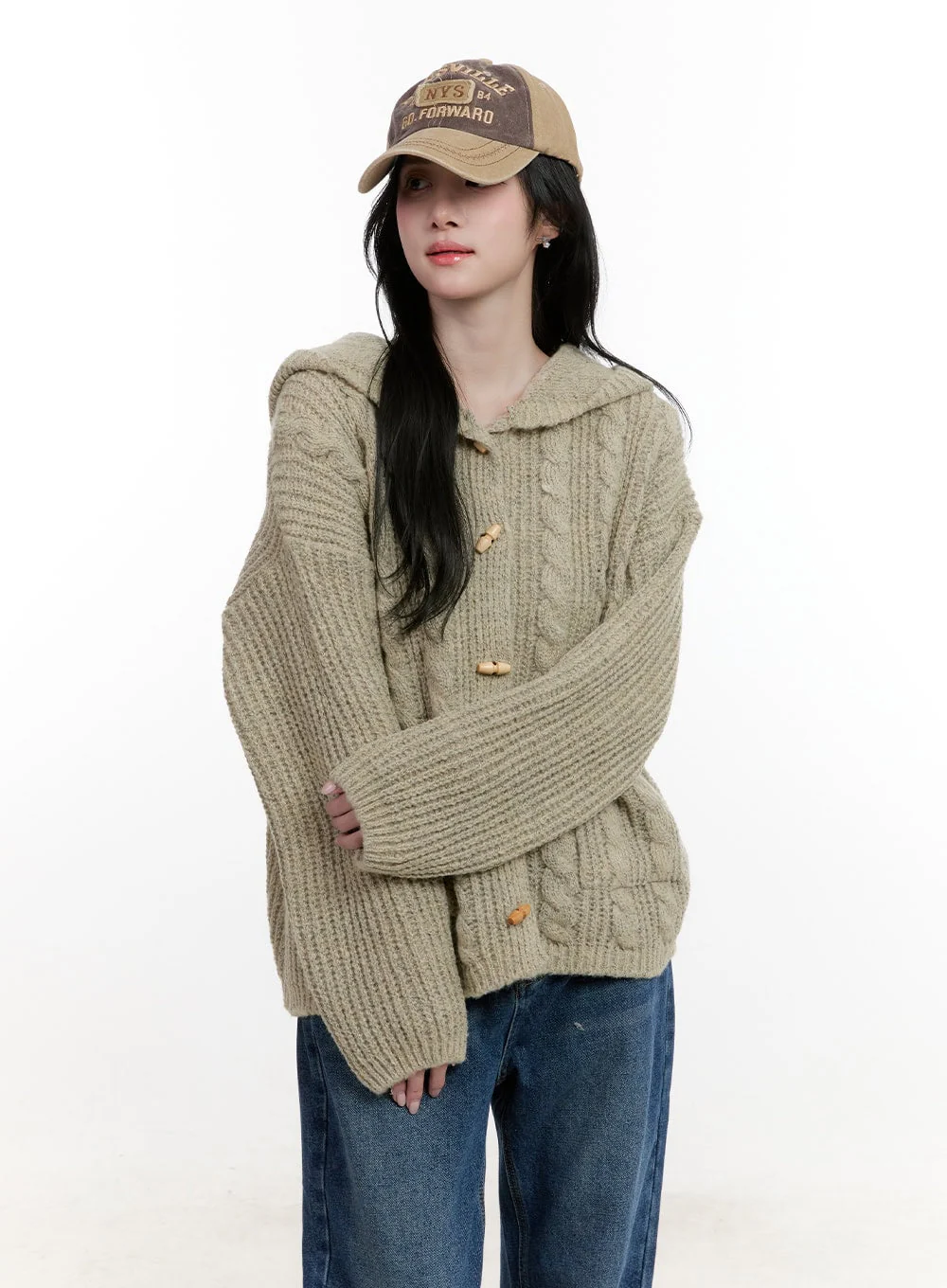 Oversized Cable Knit Hooded Cardigan CF527 - Image 9