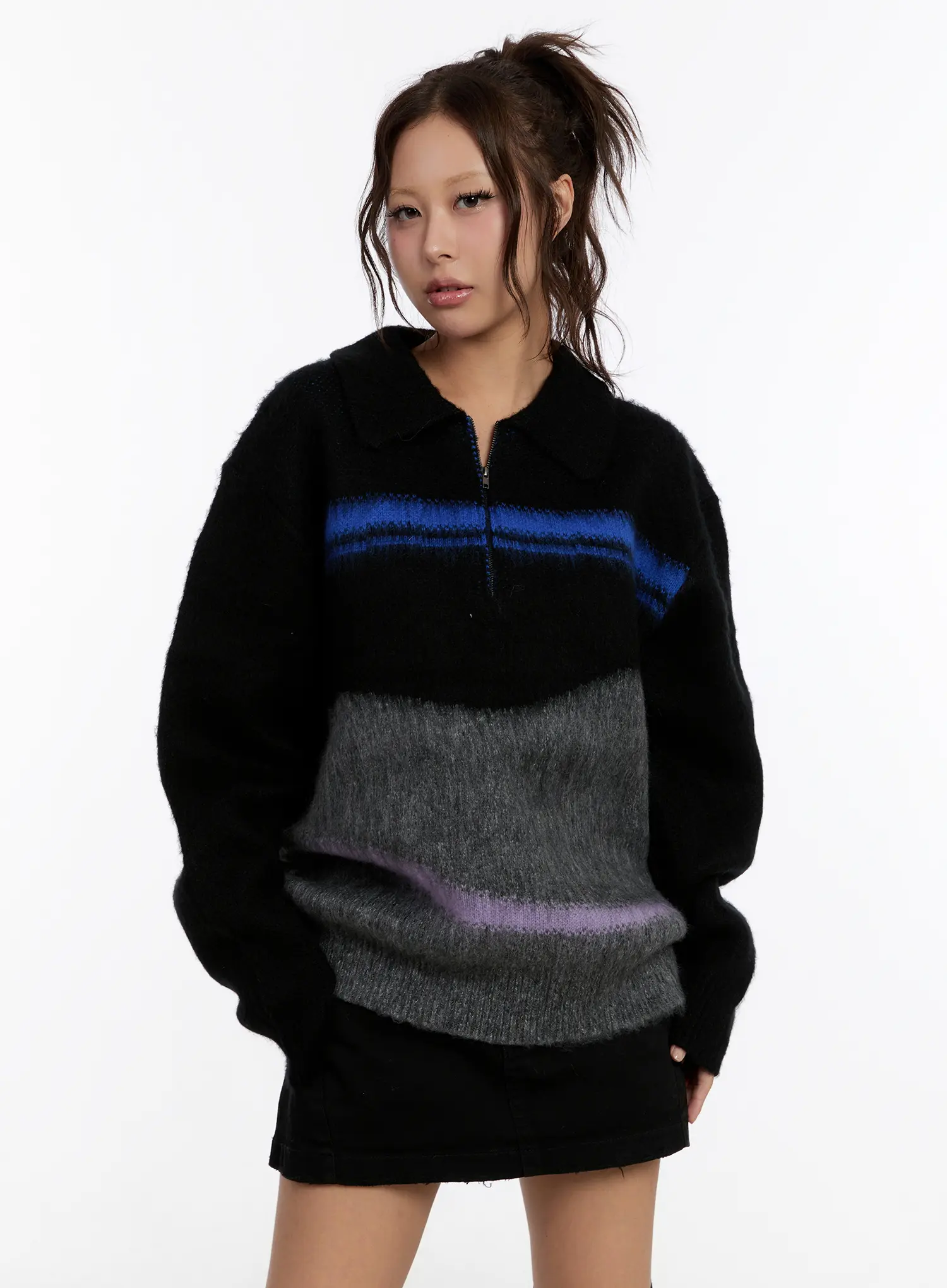 Oversized Multi-Color Half Zip Knit Sweater CN527 - Image 2