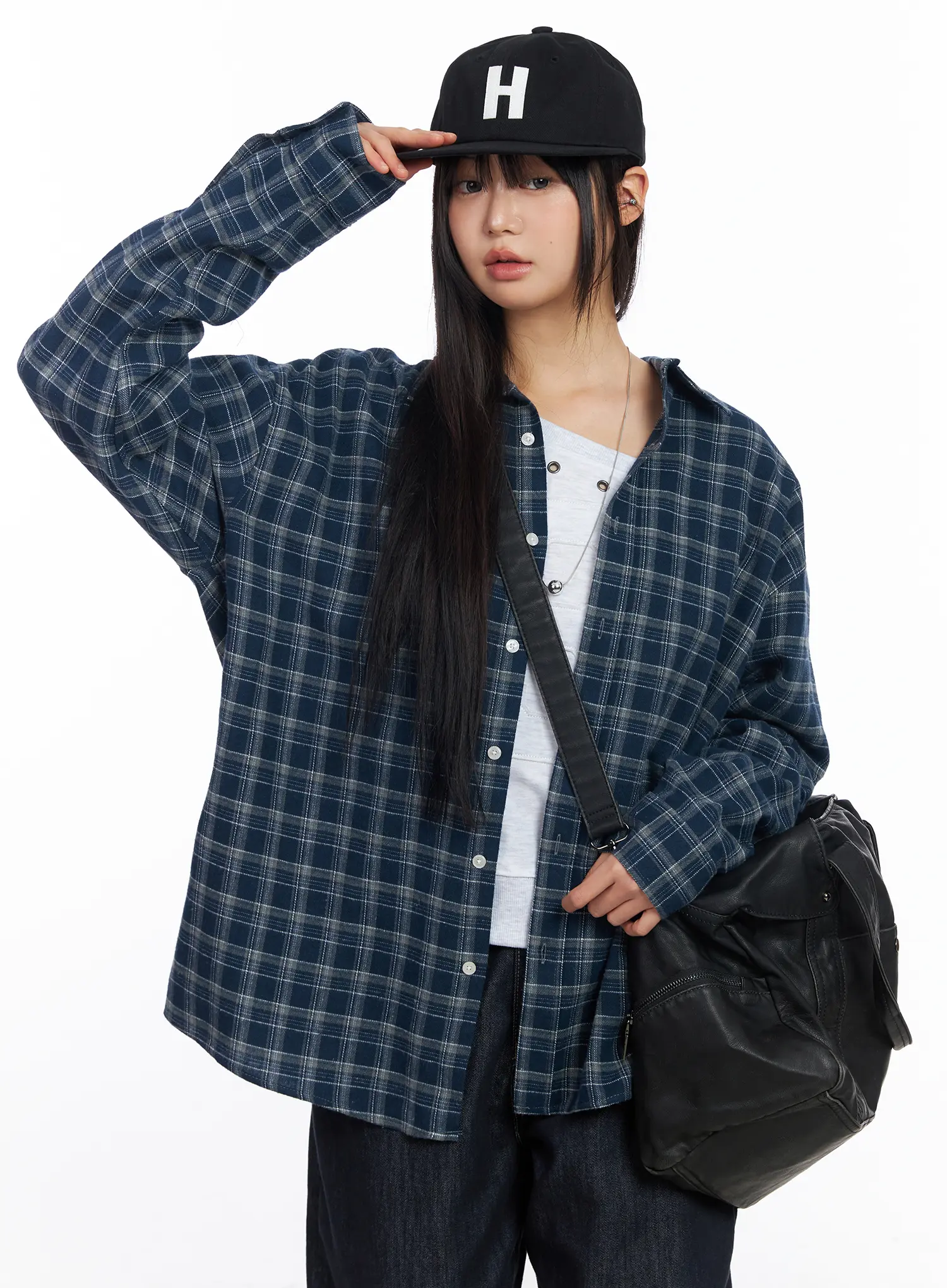 Oversized Plaid Flannel Button-Up Shirt CF504