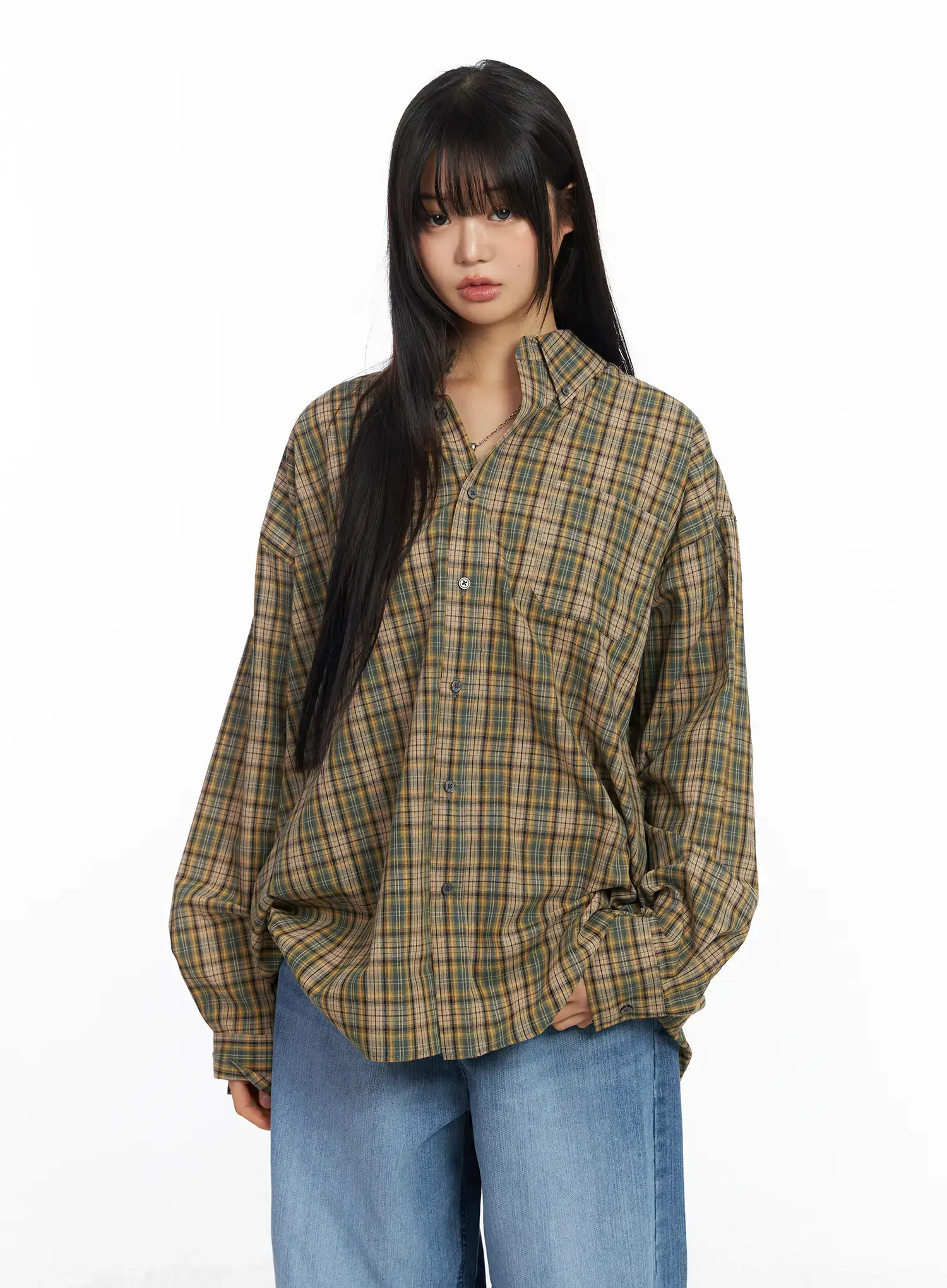 Oversized Plaid Long Sleeve Shirt CF506 - Image 2
