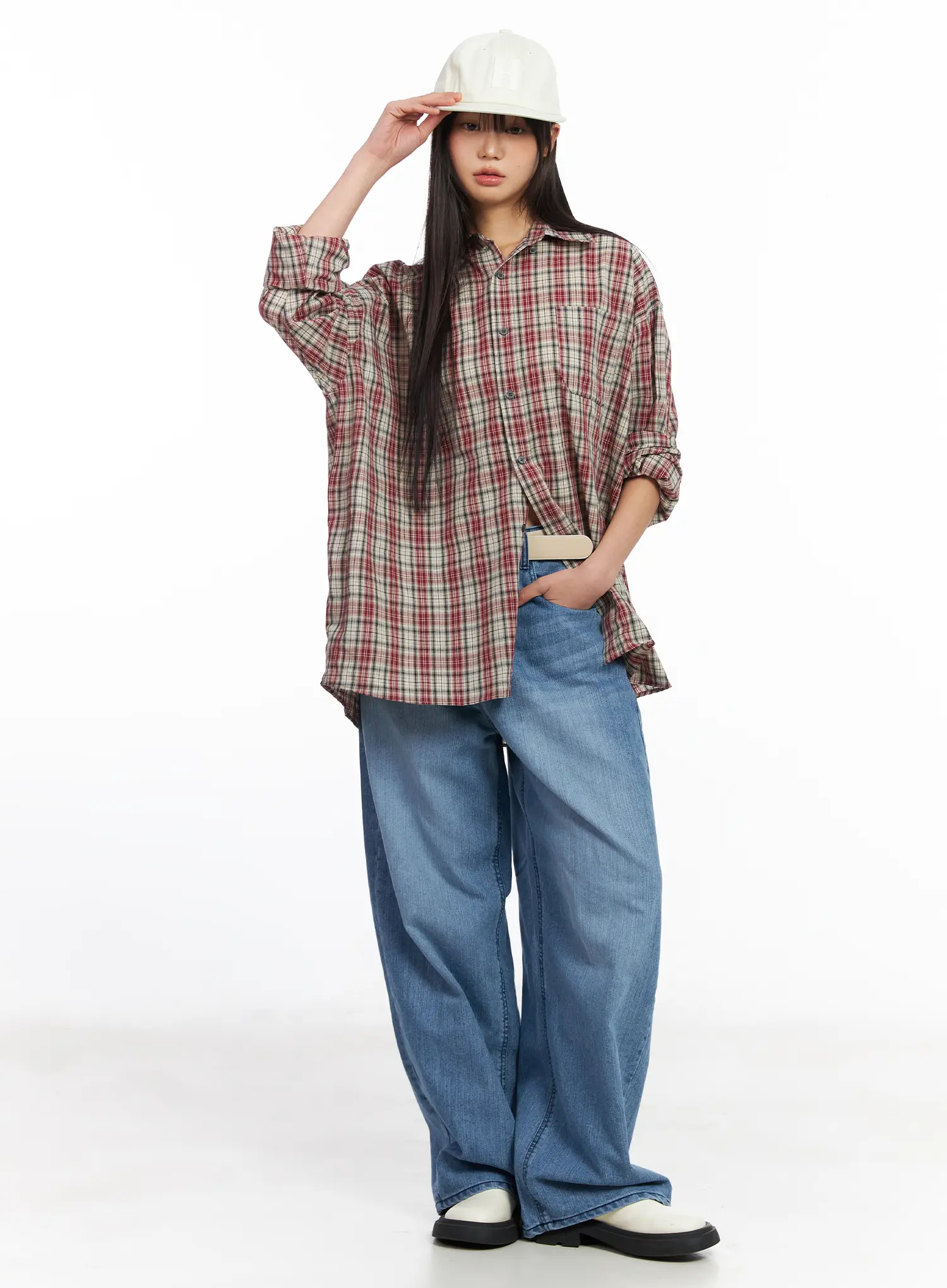 Oversized Plaid Long Sleeve Shirt CF506 - Image 3