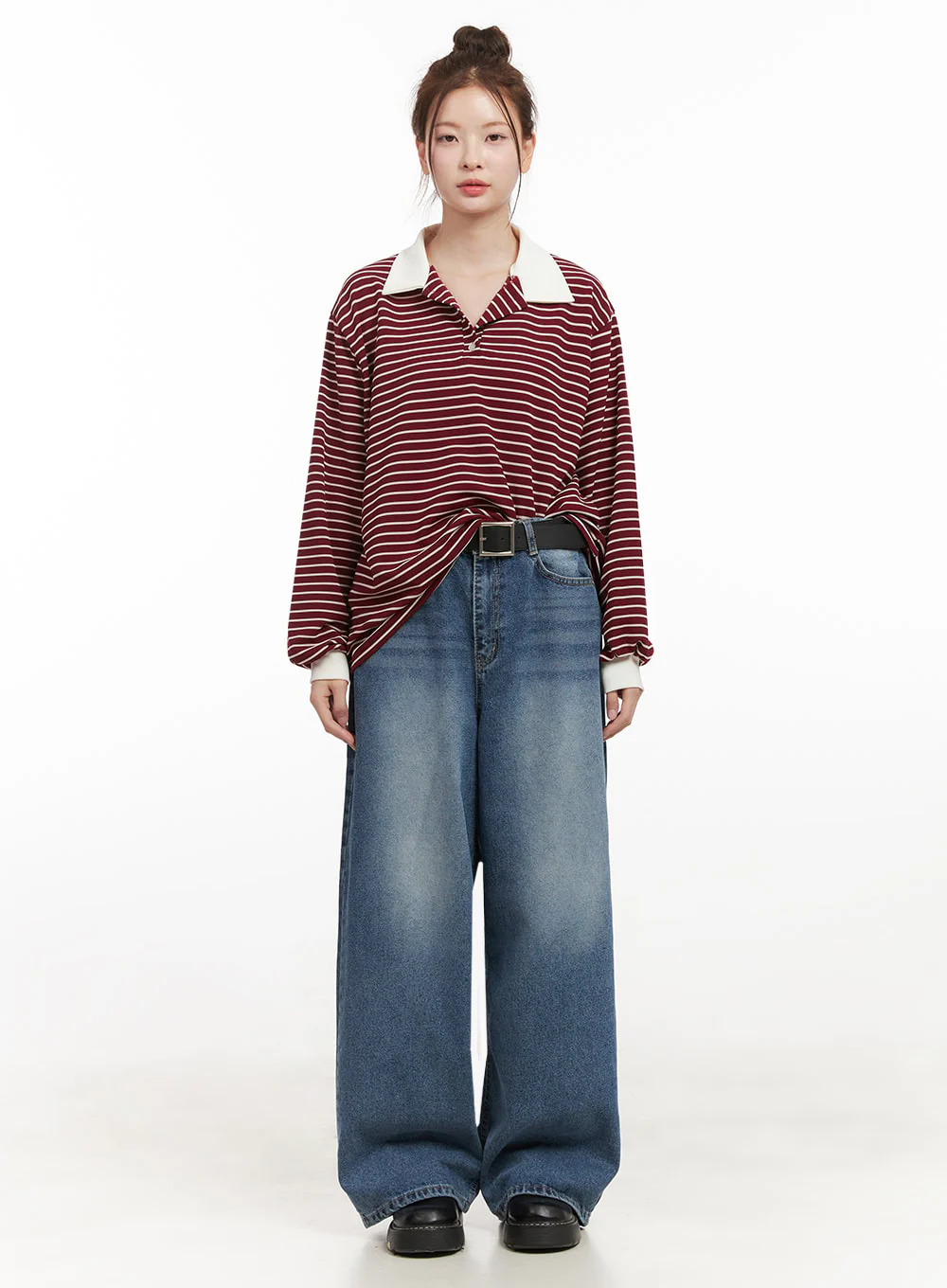 Oversized Stripe Collared Long Sleeve Top IJ527 - Image 5