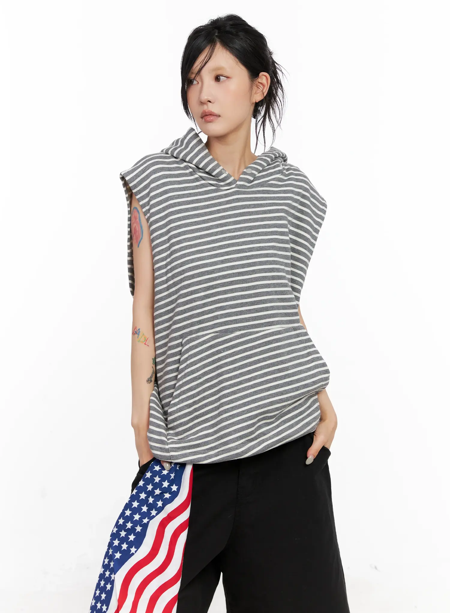 Oversized Striped Sleeveless Hoodie CL525 - Image 11