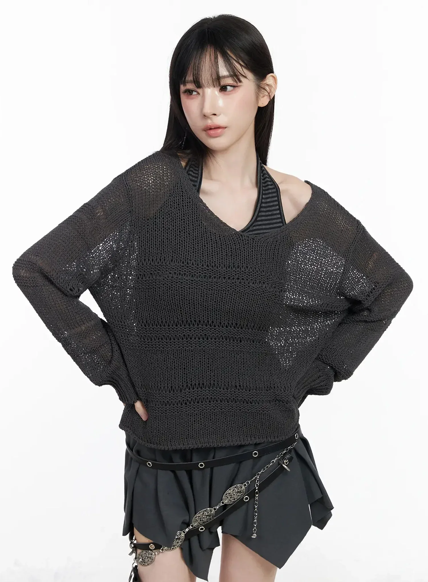 Oversized V-Neck Knit Sweater IY511 - Image 14