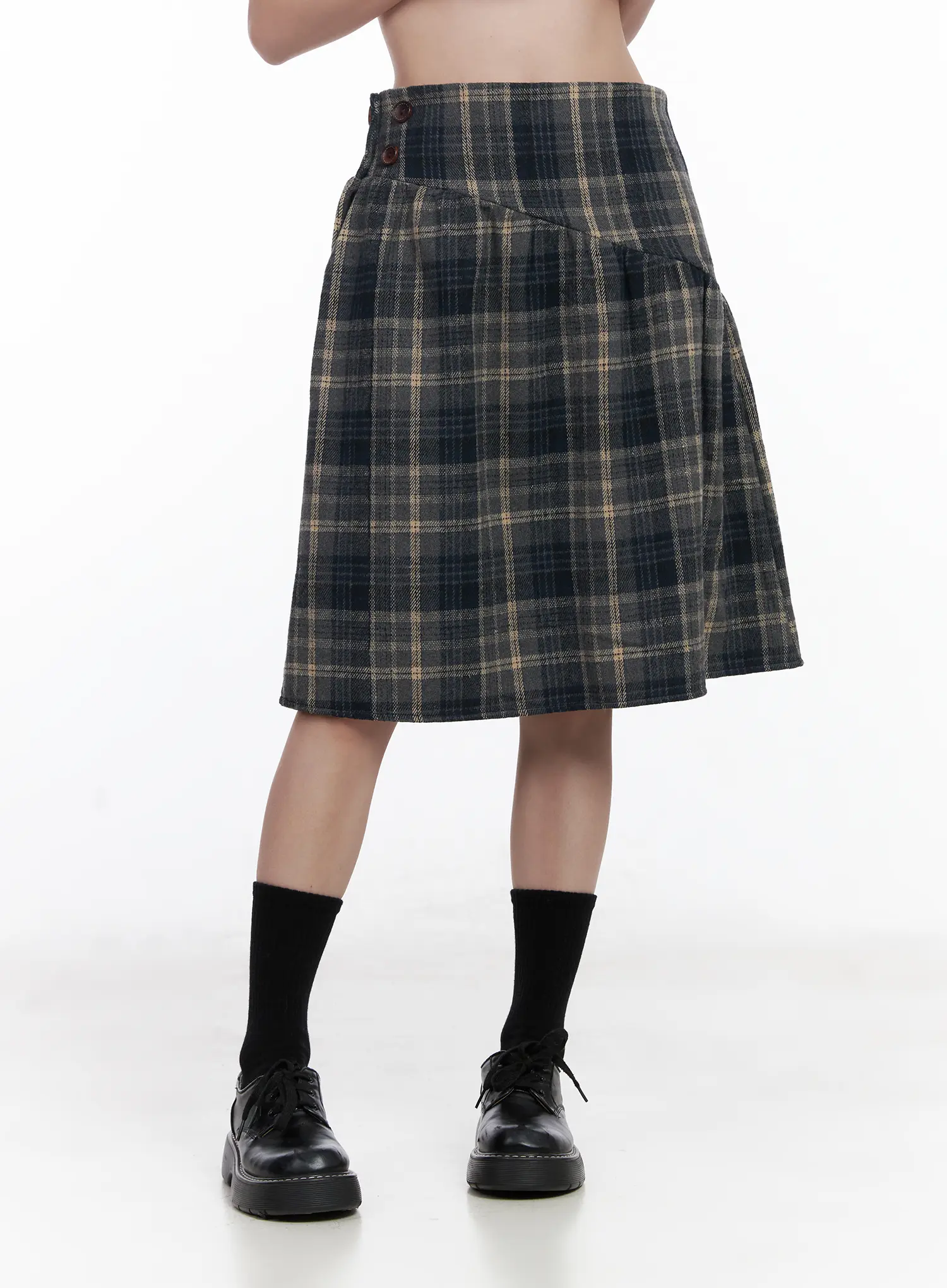 Plaid Button Detail Flare Midi Skirt CJ520 - Image 12