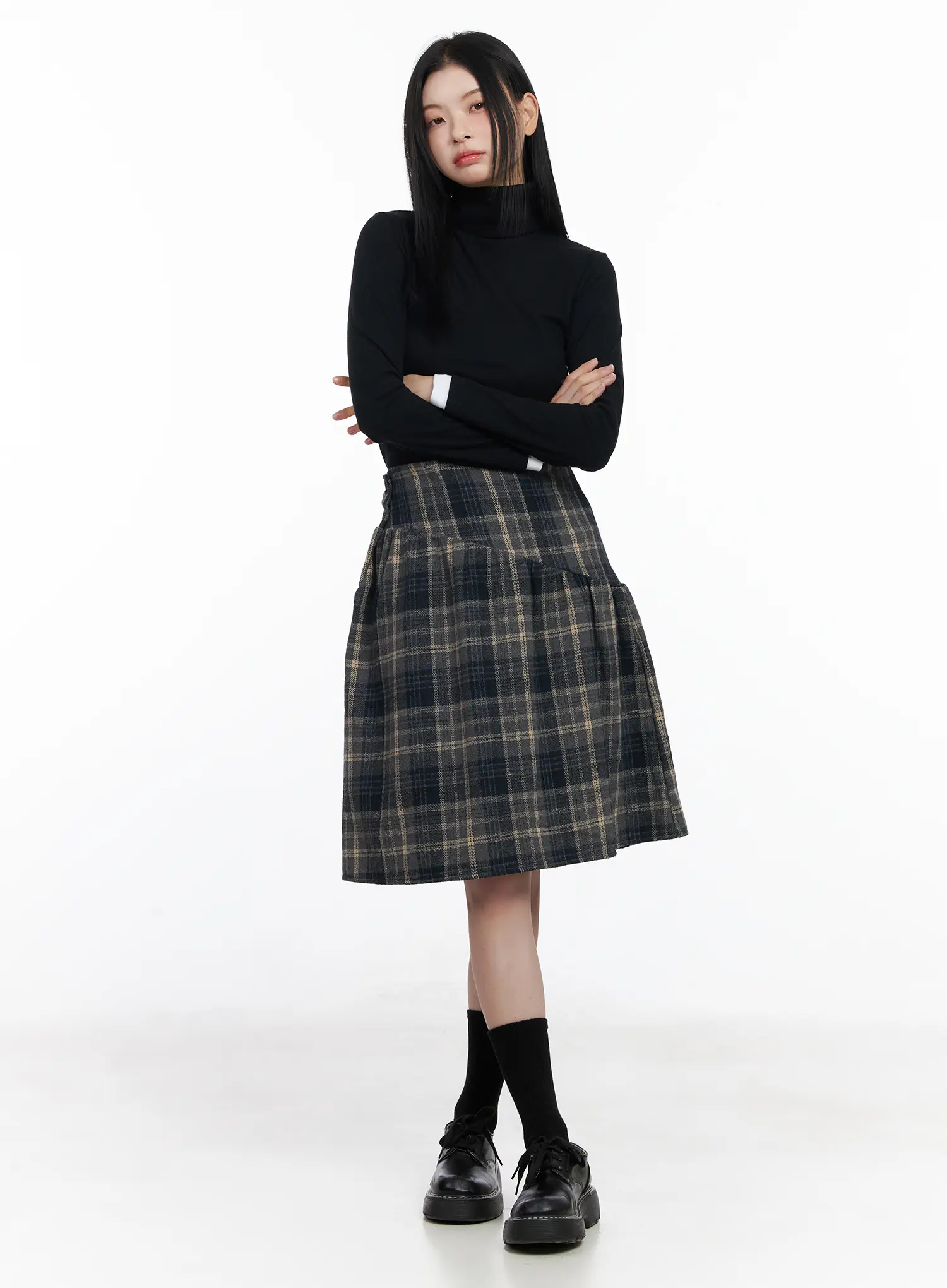 Plaid Button Detail Flare Midi Skirt CJ520 - Image 6