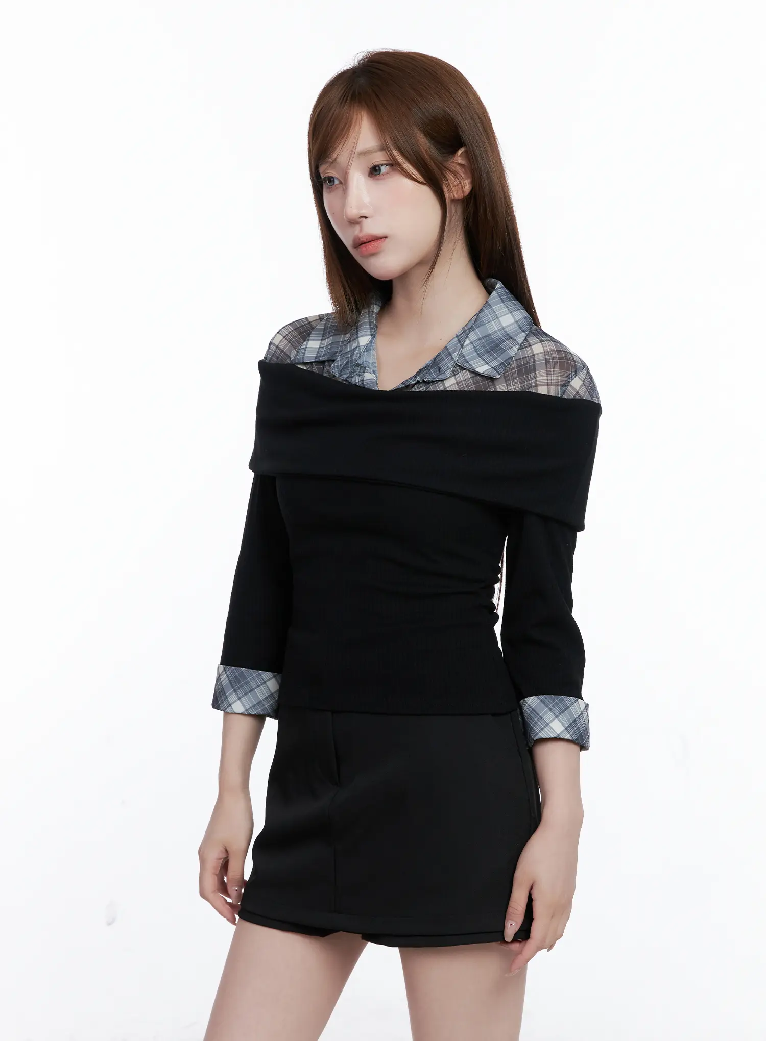 Plaid Collar Layered Long Sleeve Top CG529 - Image 5