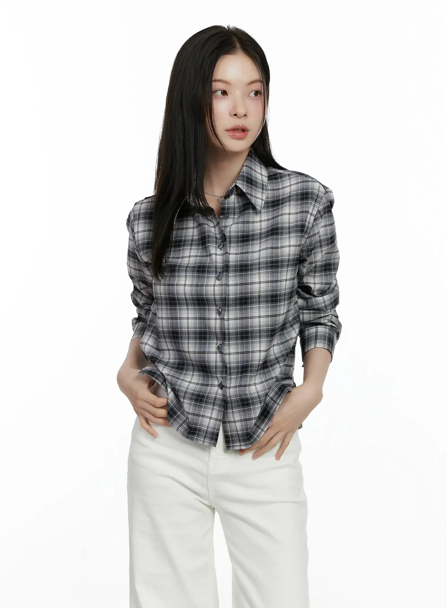 Plaid Crop Long Sleeve Shirt F502 - Image 2