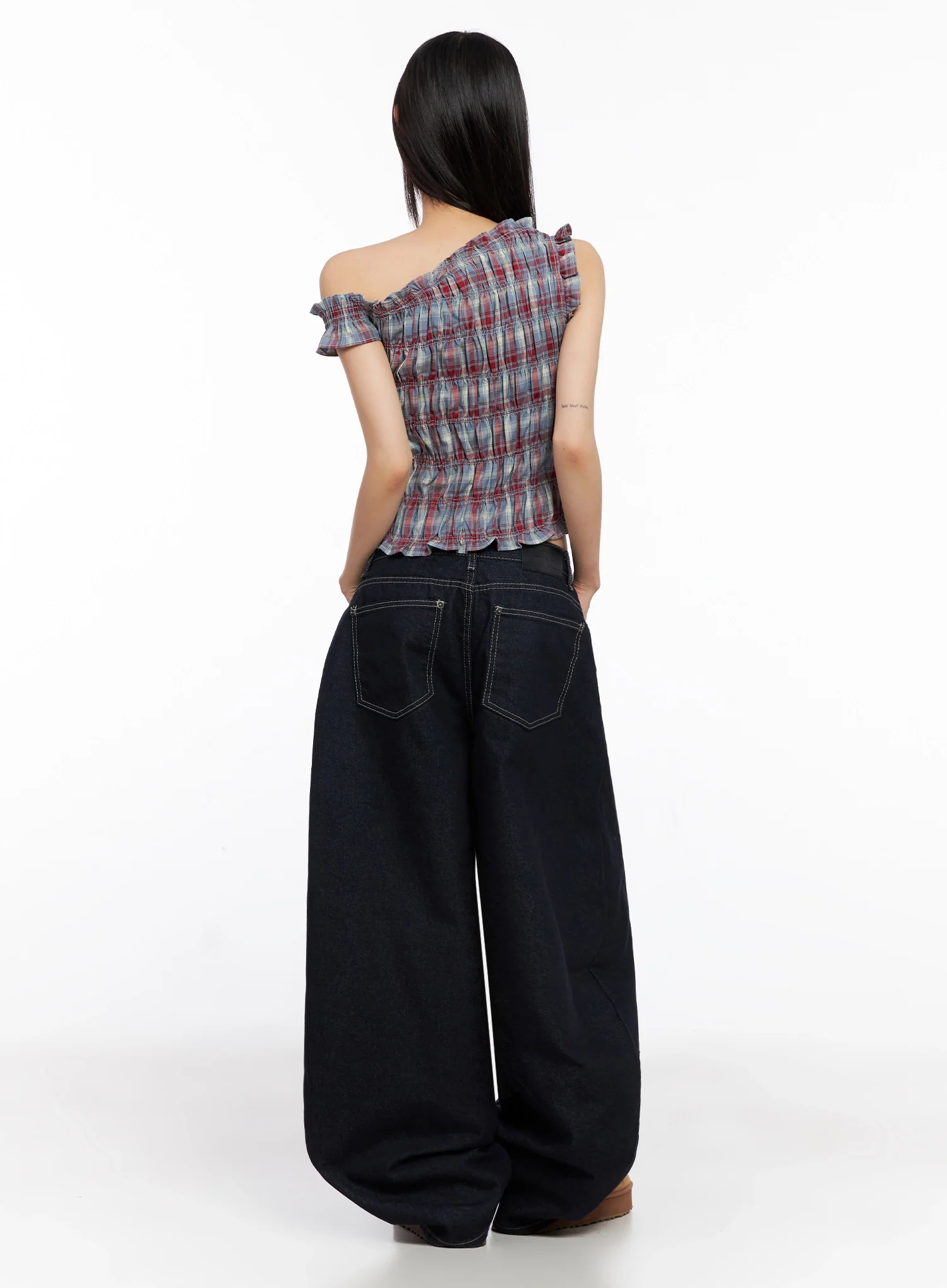 Plaid Off-Shoulder Blouse IN503 - Image 11