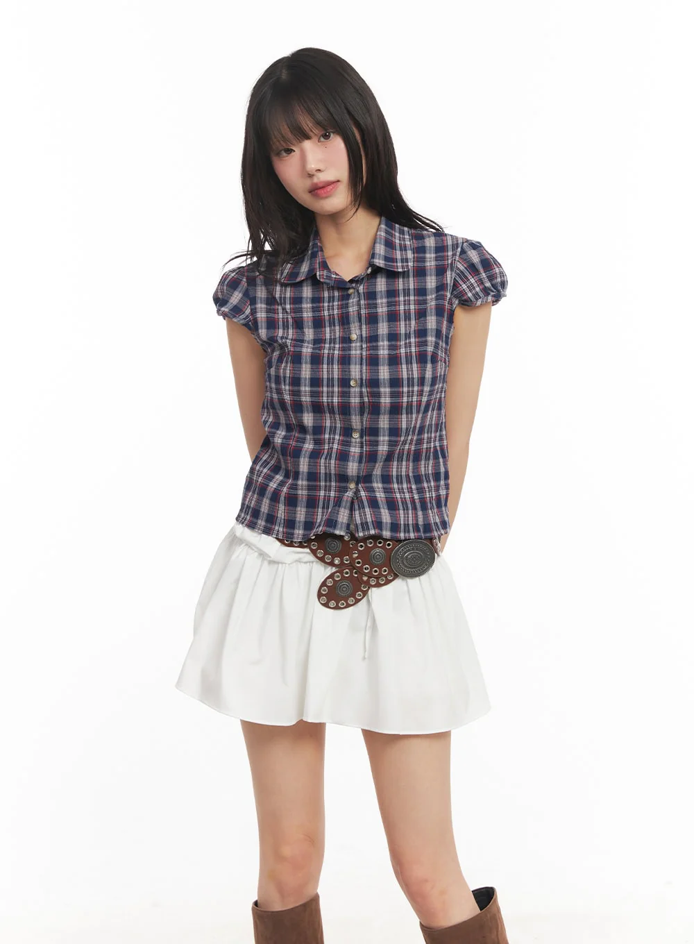 Plaid Puff Sleeve Cropped Shirt CA523 - Image 2
