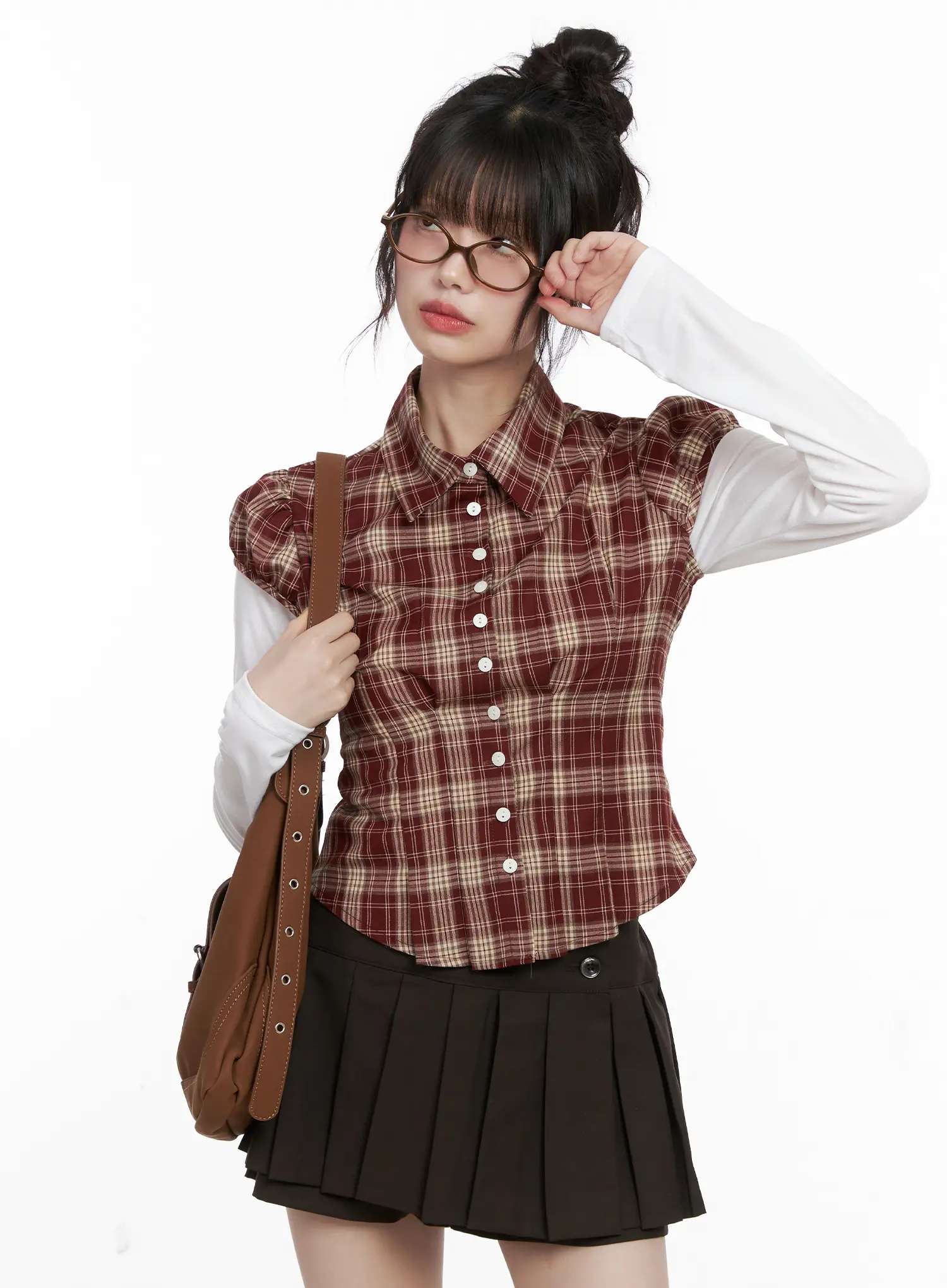 Plaid Puff Sleeve Top CG519
