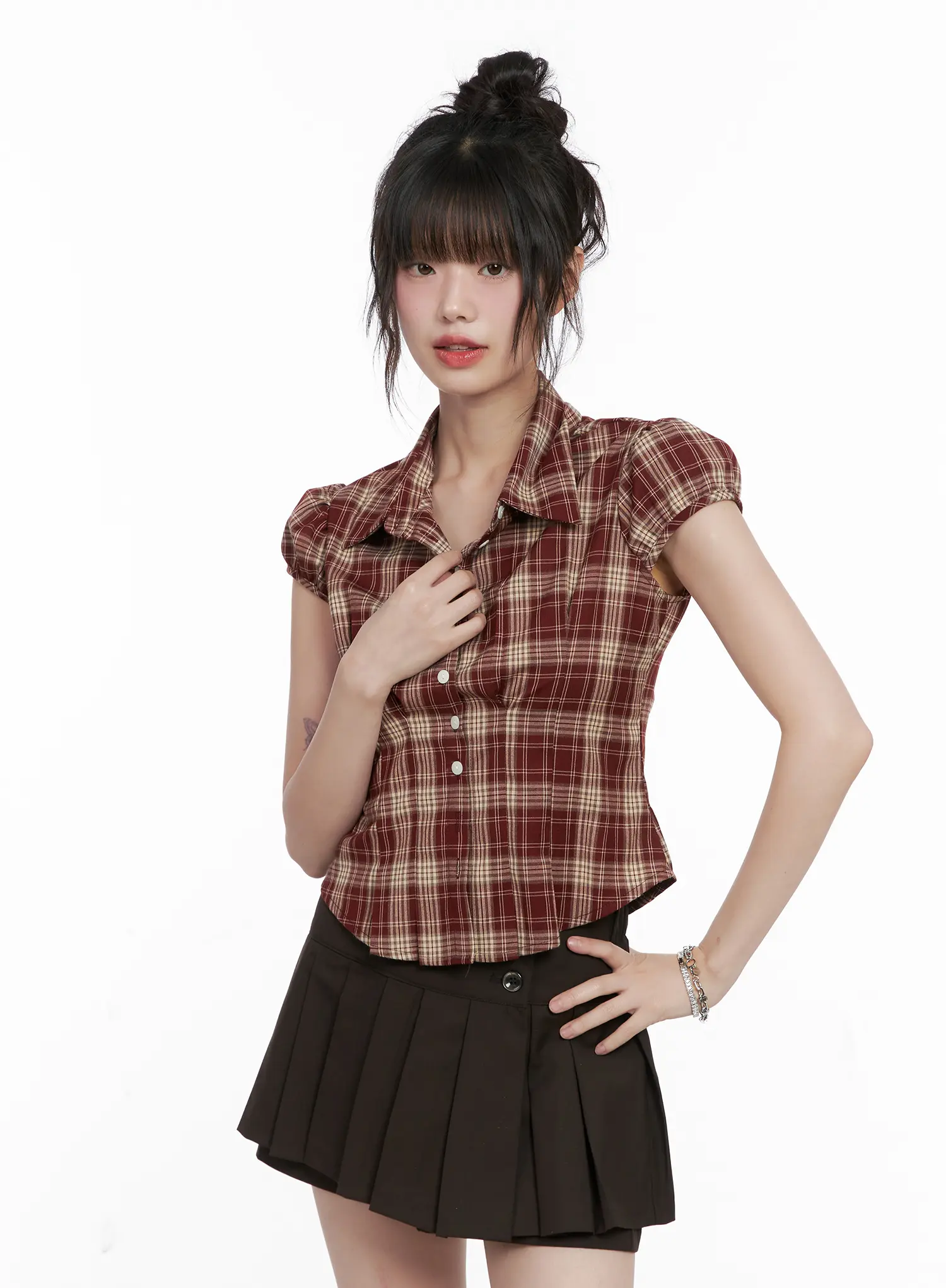 Plaid Puff Sleeve Top CG519 - Image 2