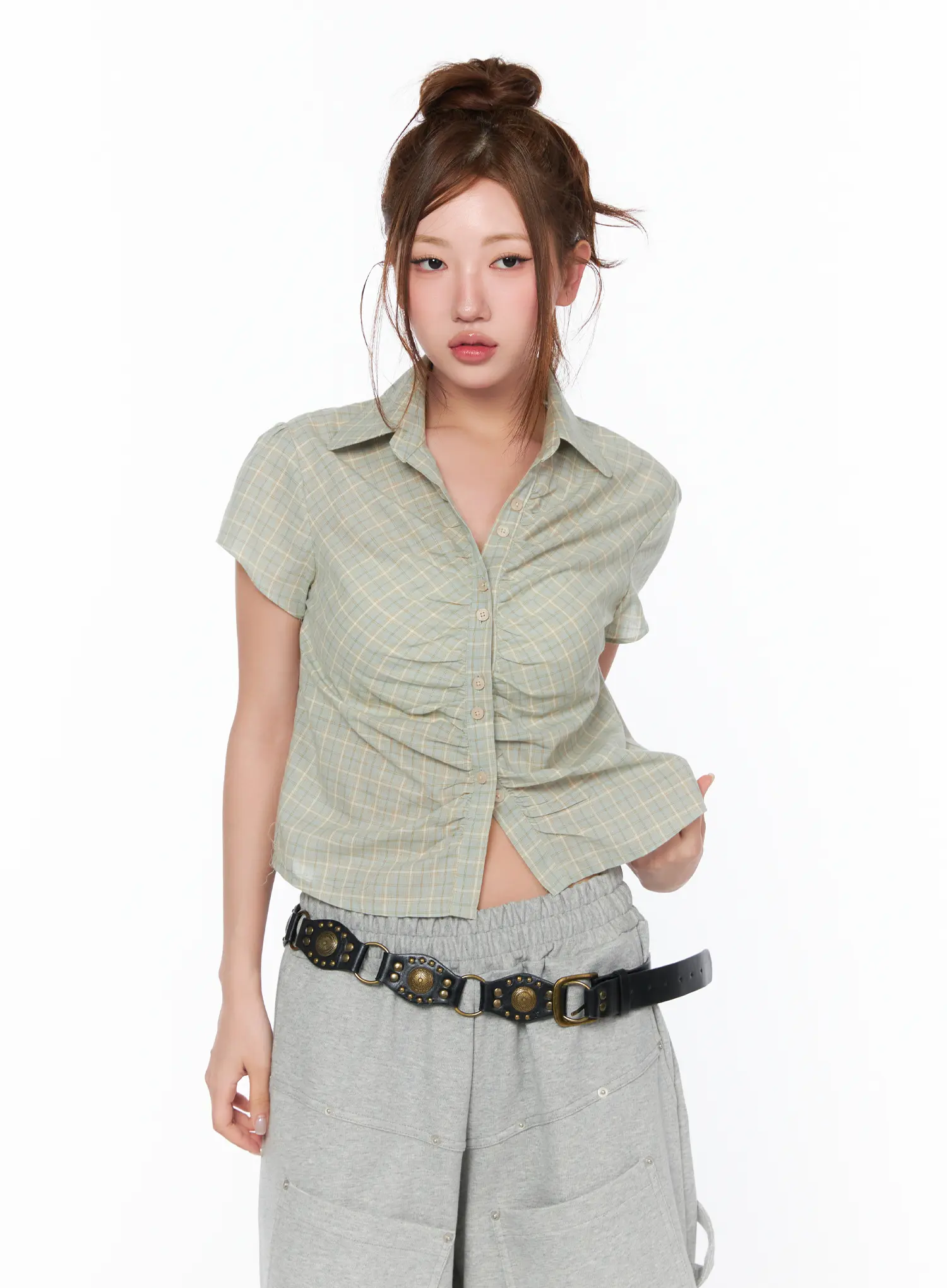 Plaid Shirred Short Sleeve Shirt CA515 - Image 10