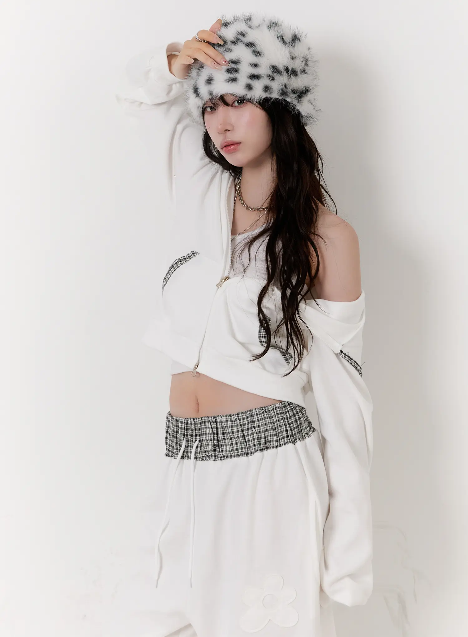 Plaid Trim Crop Zip-Up Hoodie CS530