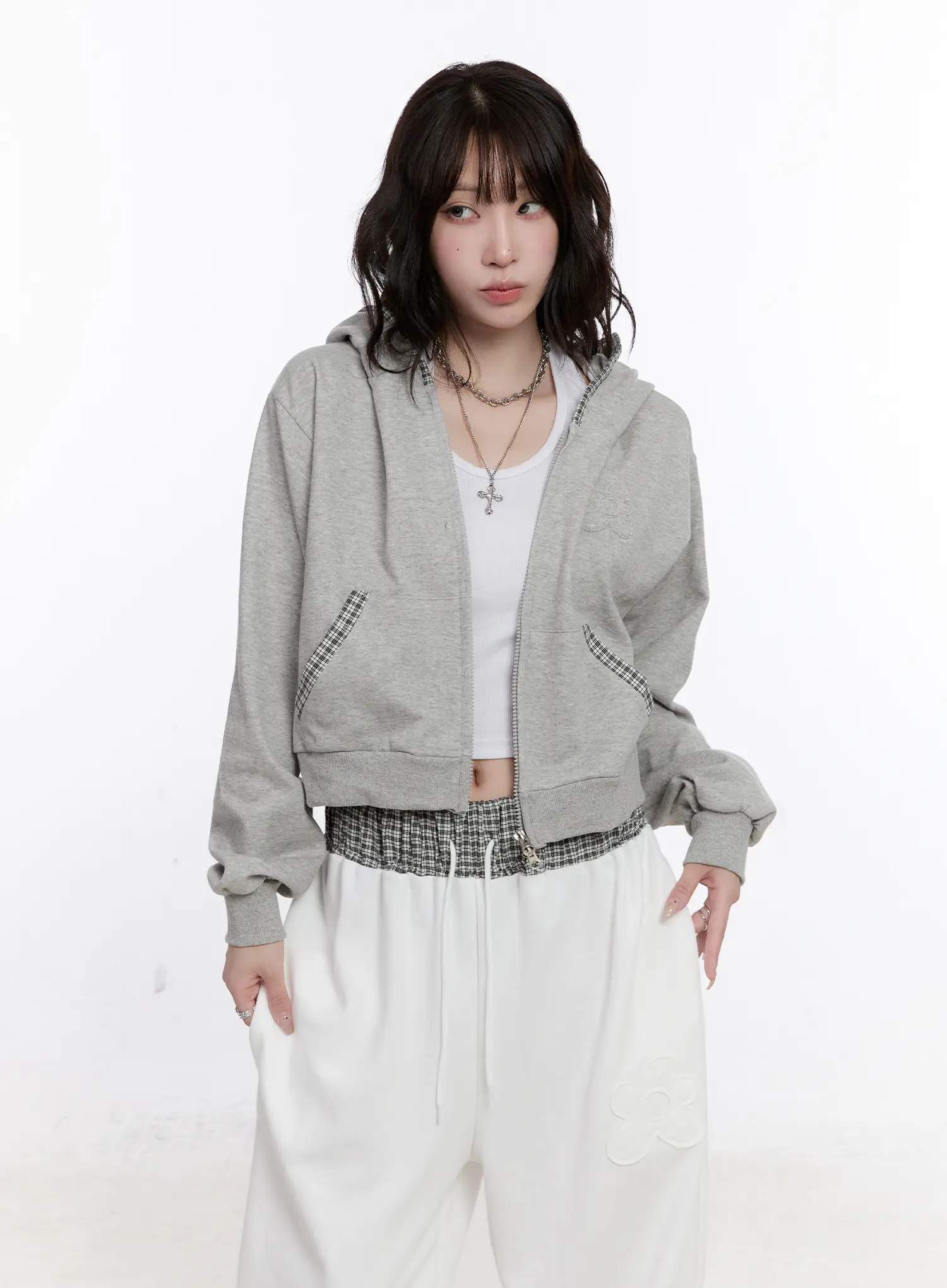 Plaid Trim Crop Zip-Up Hoodie CS530 - Image 10