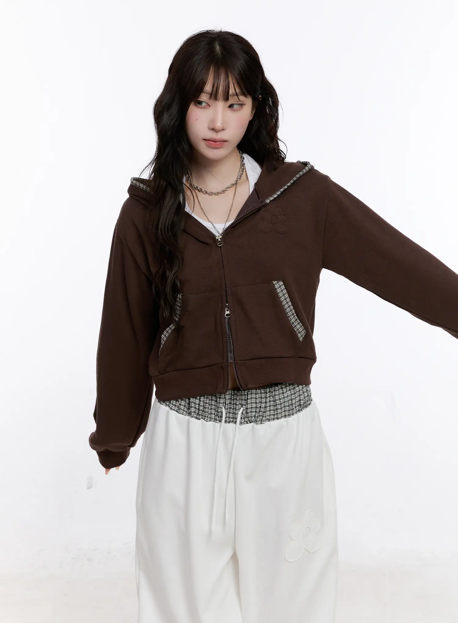 Plaid Trim Crop Zip-Up Hoodie CS530 - Image 11