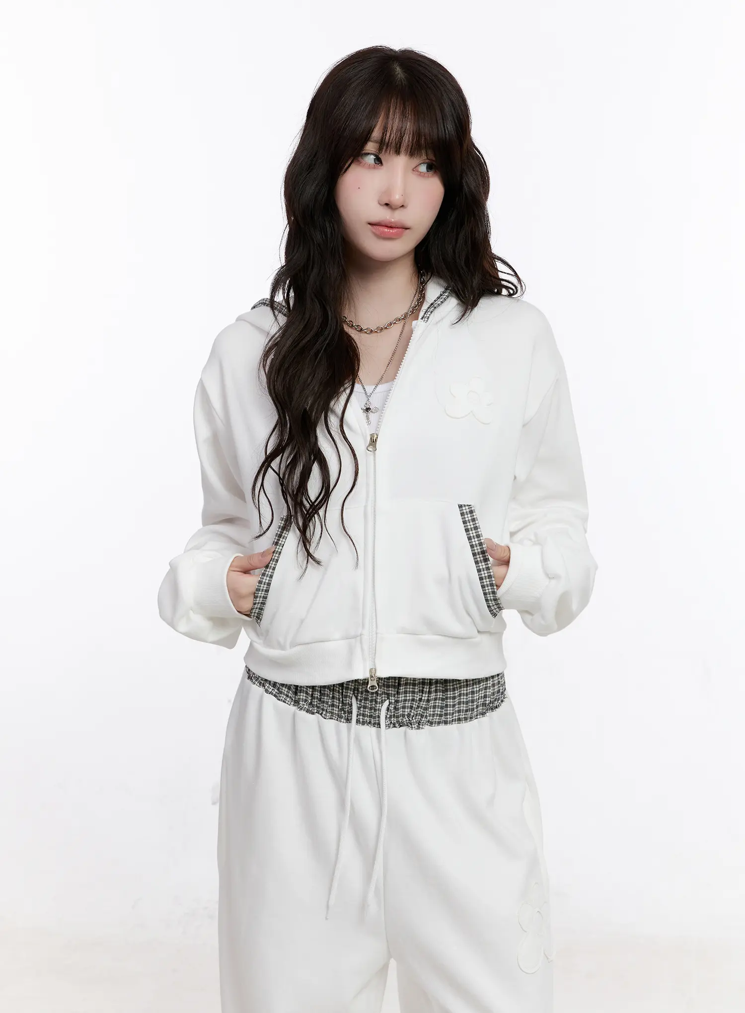 Plaid Trim Crop Zip-Up Hoodie CS530 - Image 5