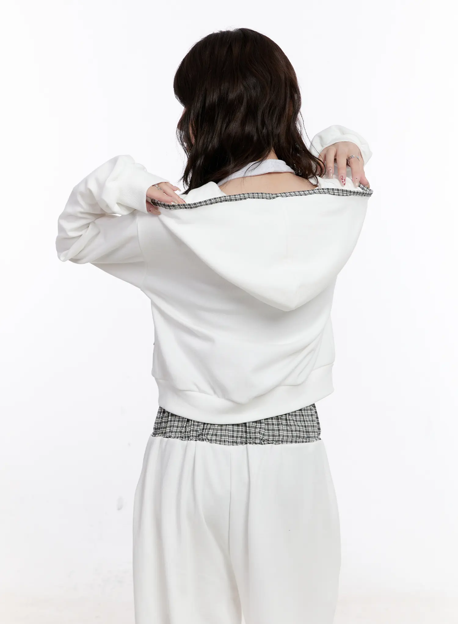 Plaid Trim Crop Zip-Up Hoodie CS530 - Image 8