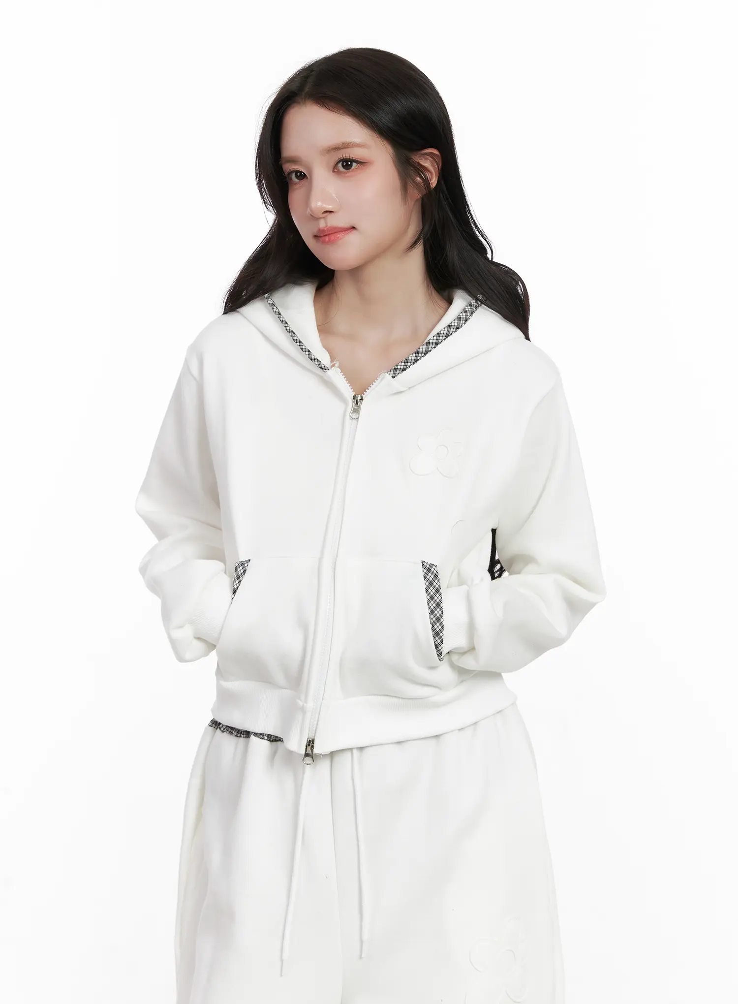 Plaid Trim Zip-Up Hoodie CN527 - Image 2