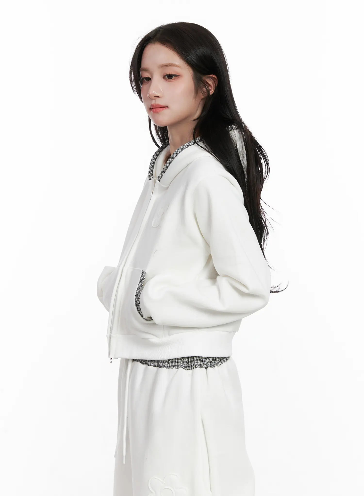 Plaid Trim Zip-Up Hoodie CN527 - Image 5