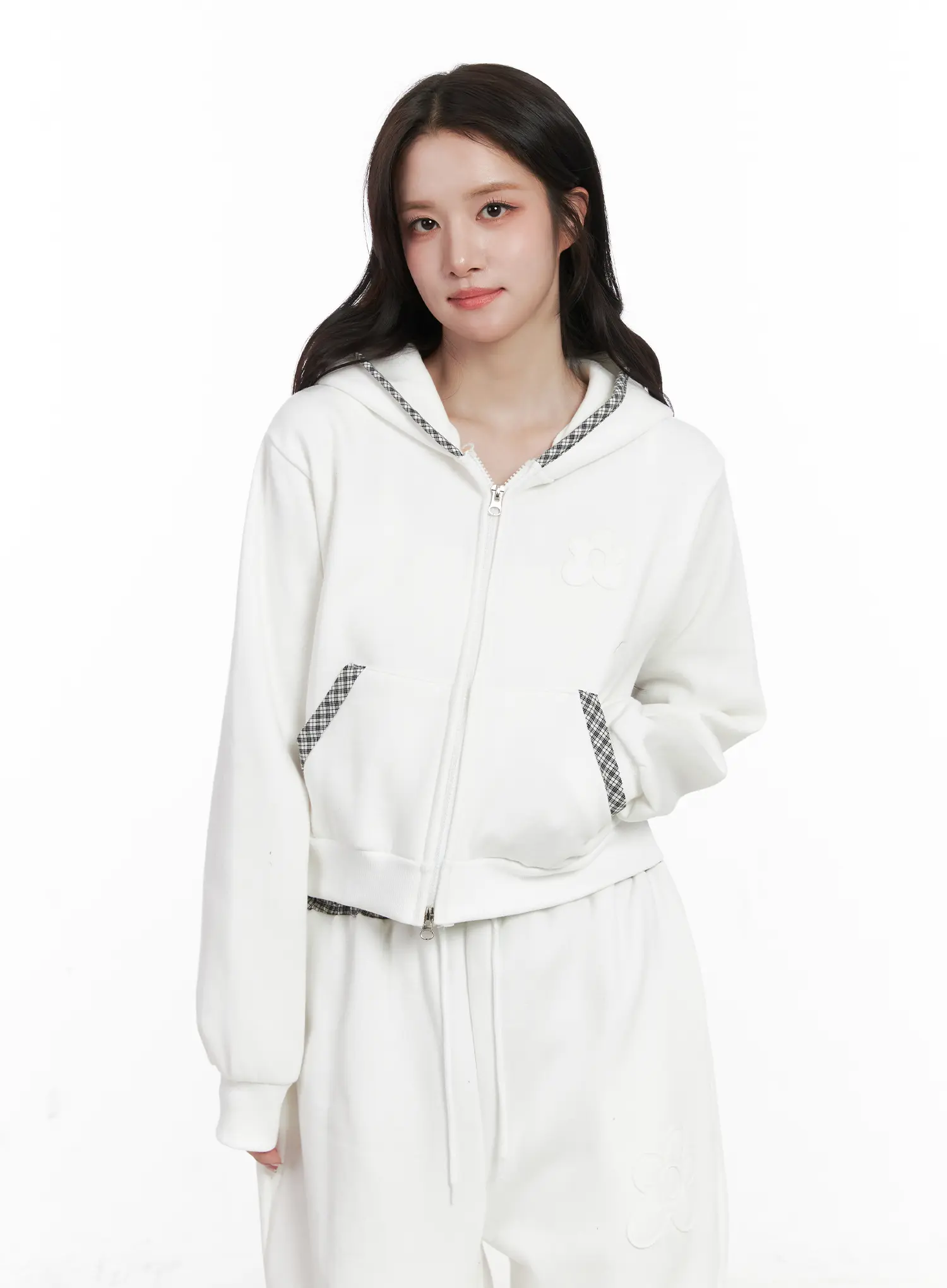 Plaid Trim Zip-Up Hoodie CN527 - Image 9