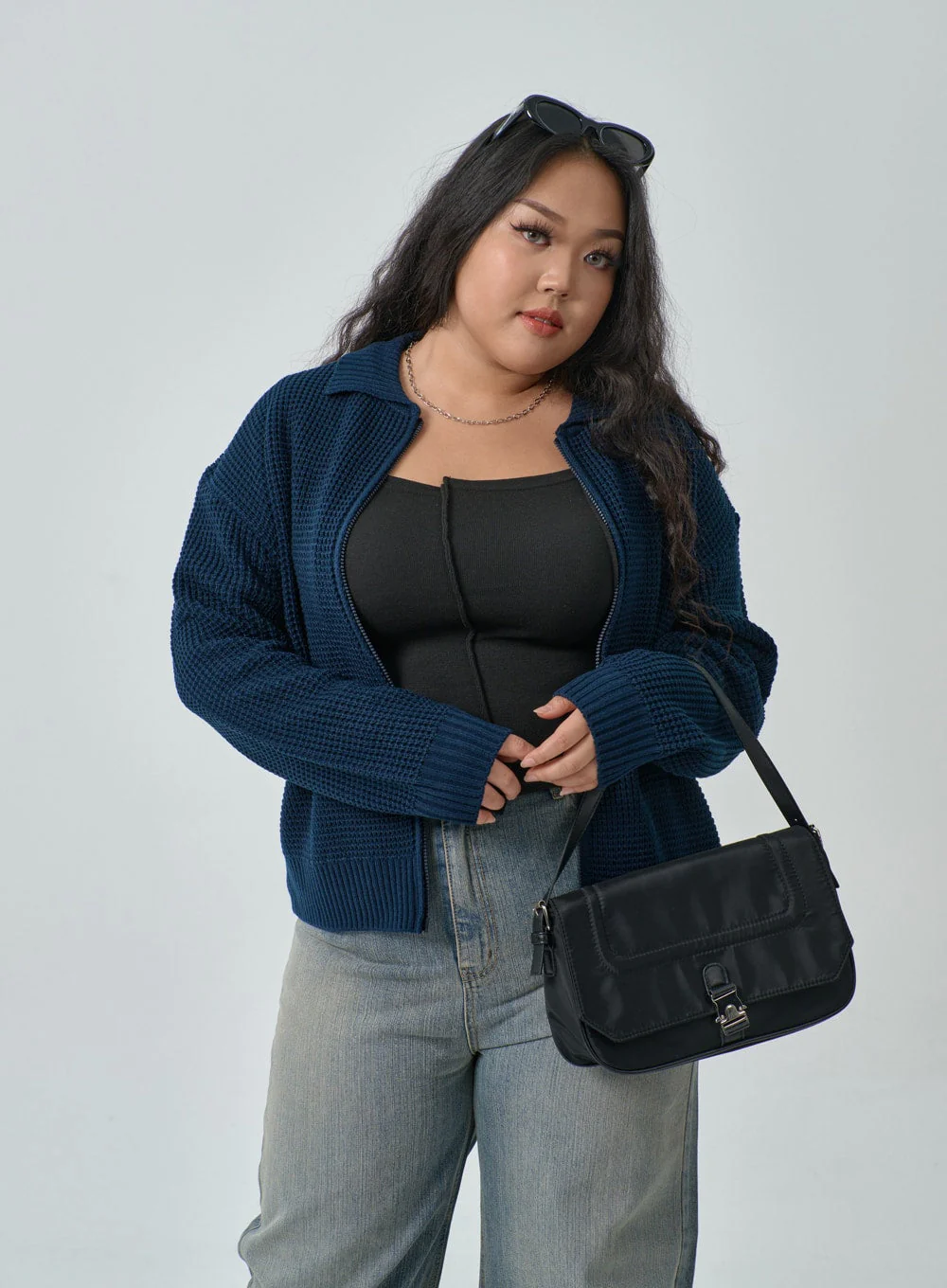 Plus Waffle Pattern Collared Two Way Zip-Up Knit - Image 9