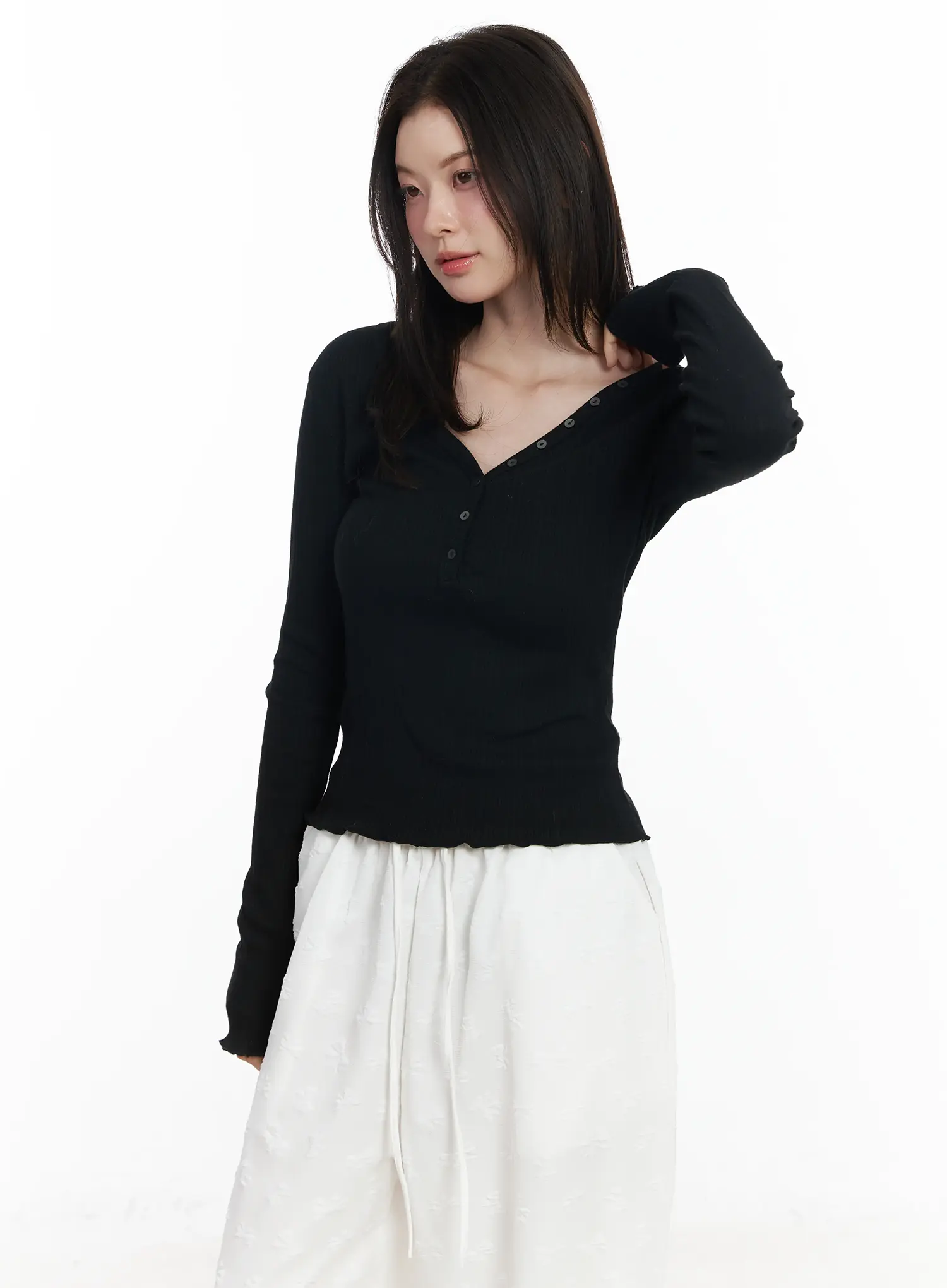 Ribbed Button V-Neck Long Sleeve Top IF525 - Image 7