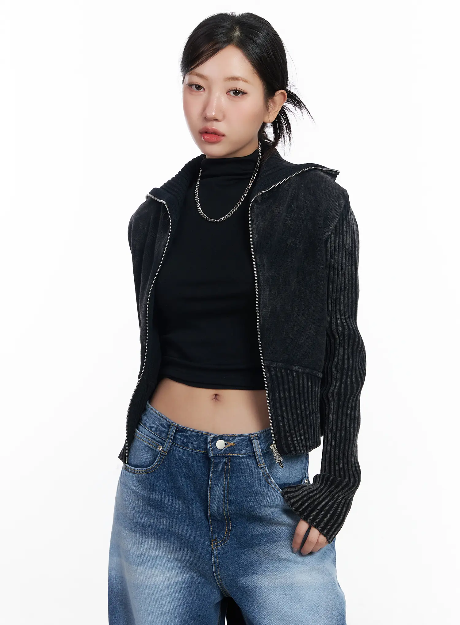 Ribbed High-Neck Zip-Up Cardigan CJ530