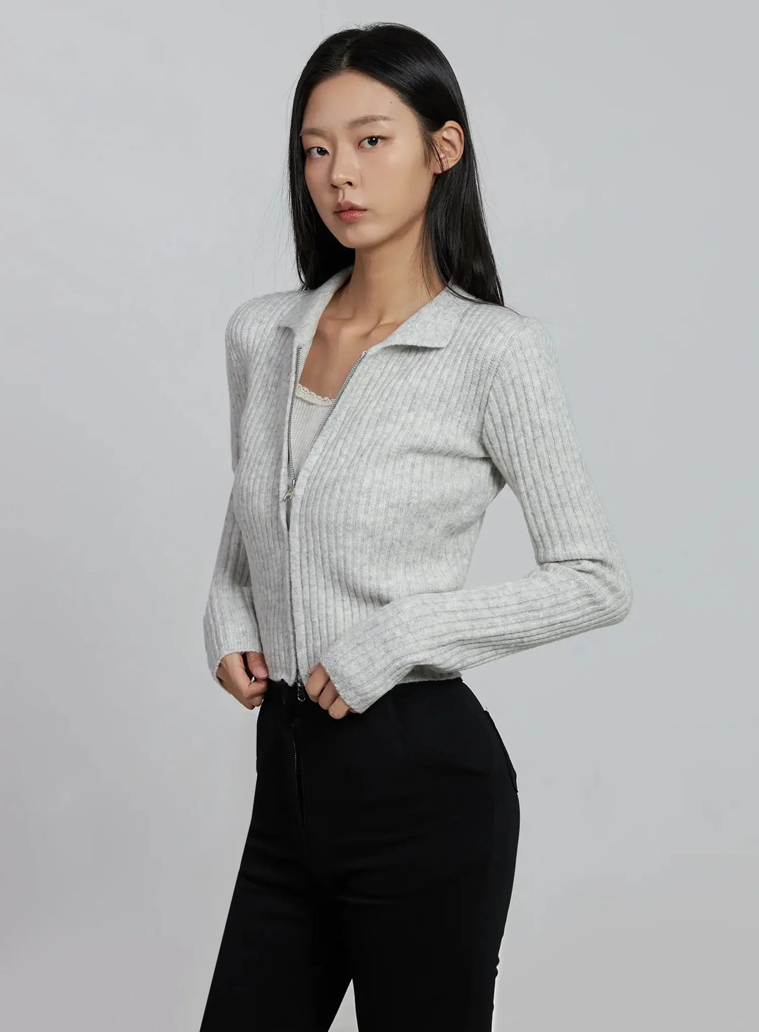 Ribbed Knit Collared Zip-Up IM520 - Image 14