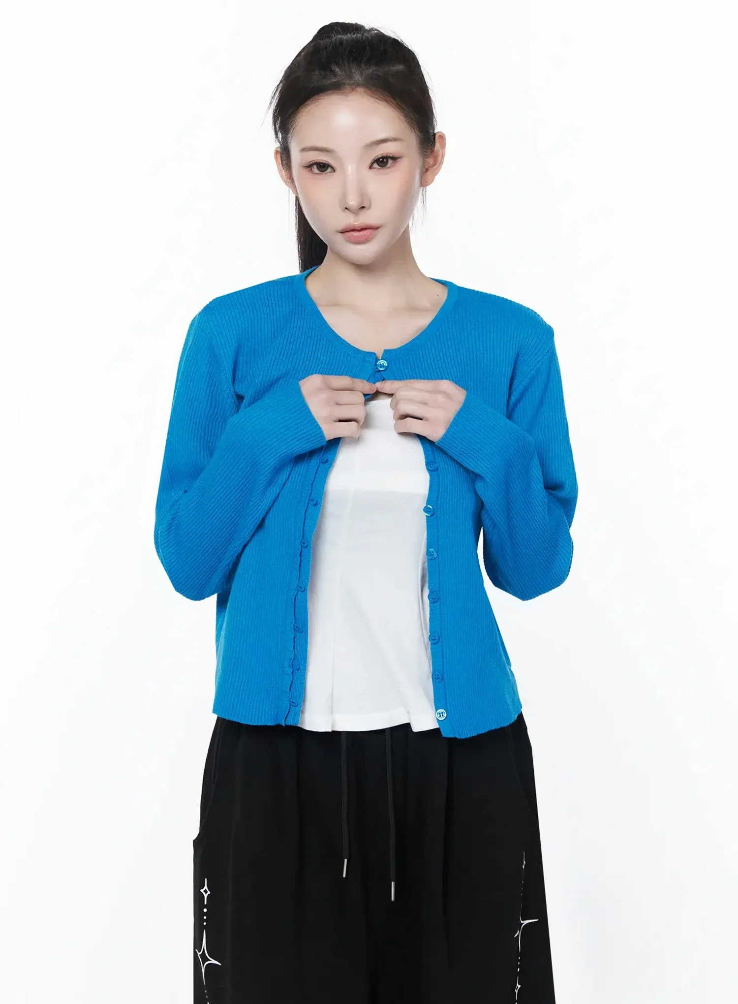 Ribbed Knit Round Neck Cardigan IY515 - Image 6